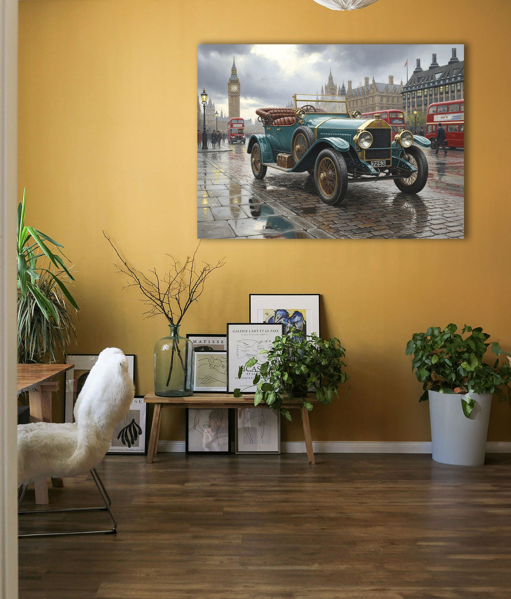 Wandbild Oldtimer Roter Cabriolet Art Déco Paris Eiffelturm Abendlicht Kunstdruck auf Leinwand