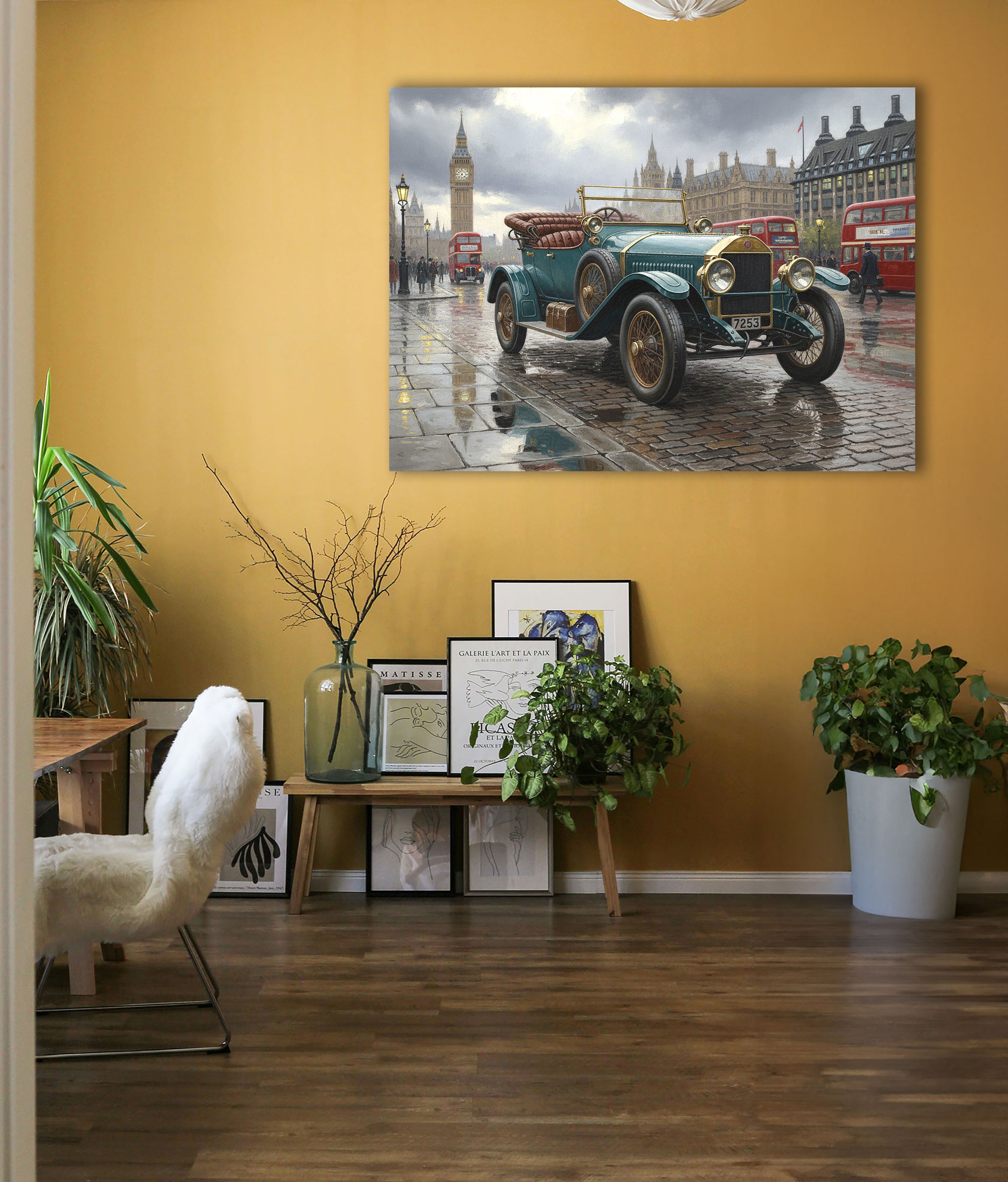 Wandbild Oldtimer Roter Cabriolet Art Déco Paris Eiffelturm Abendlicht Kunstdruck auf Leinwand