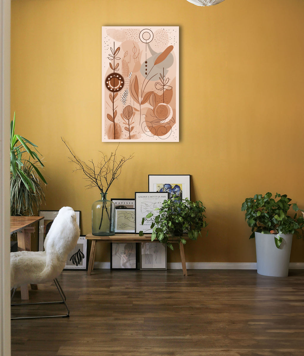 Wandbild Boho Art Linienpflanzen Feder Spiralen Beige Terrakotta Kunstdruck auf Leinwand