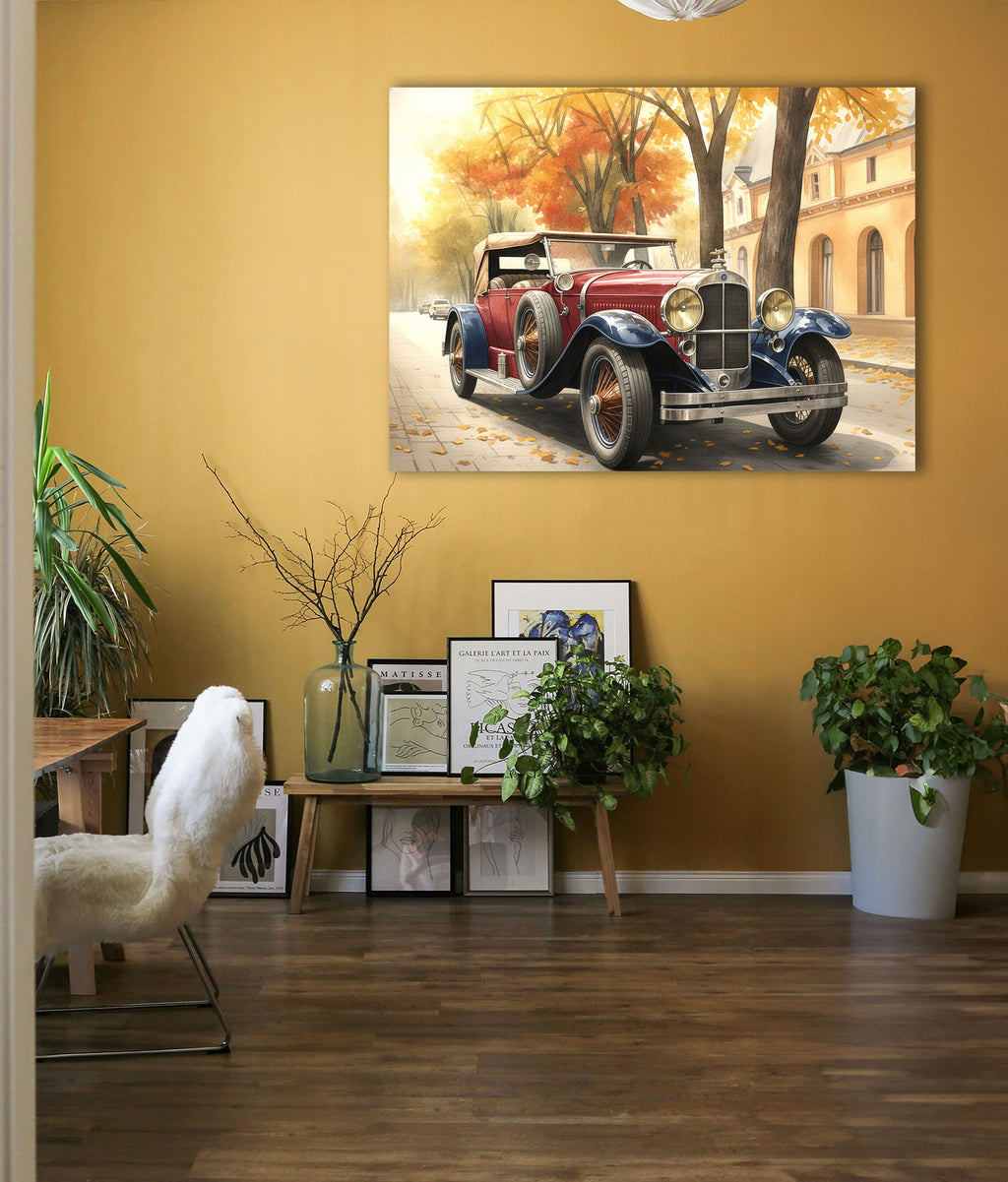 Wandbild Oldtimer Roter Cabriolet Zweifarbig Aquarell Herbstallee Kunstdruck auf Leinwand