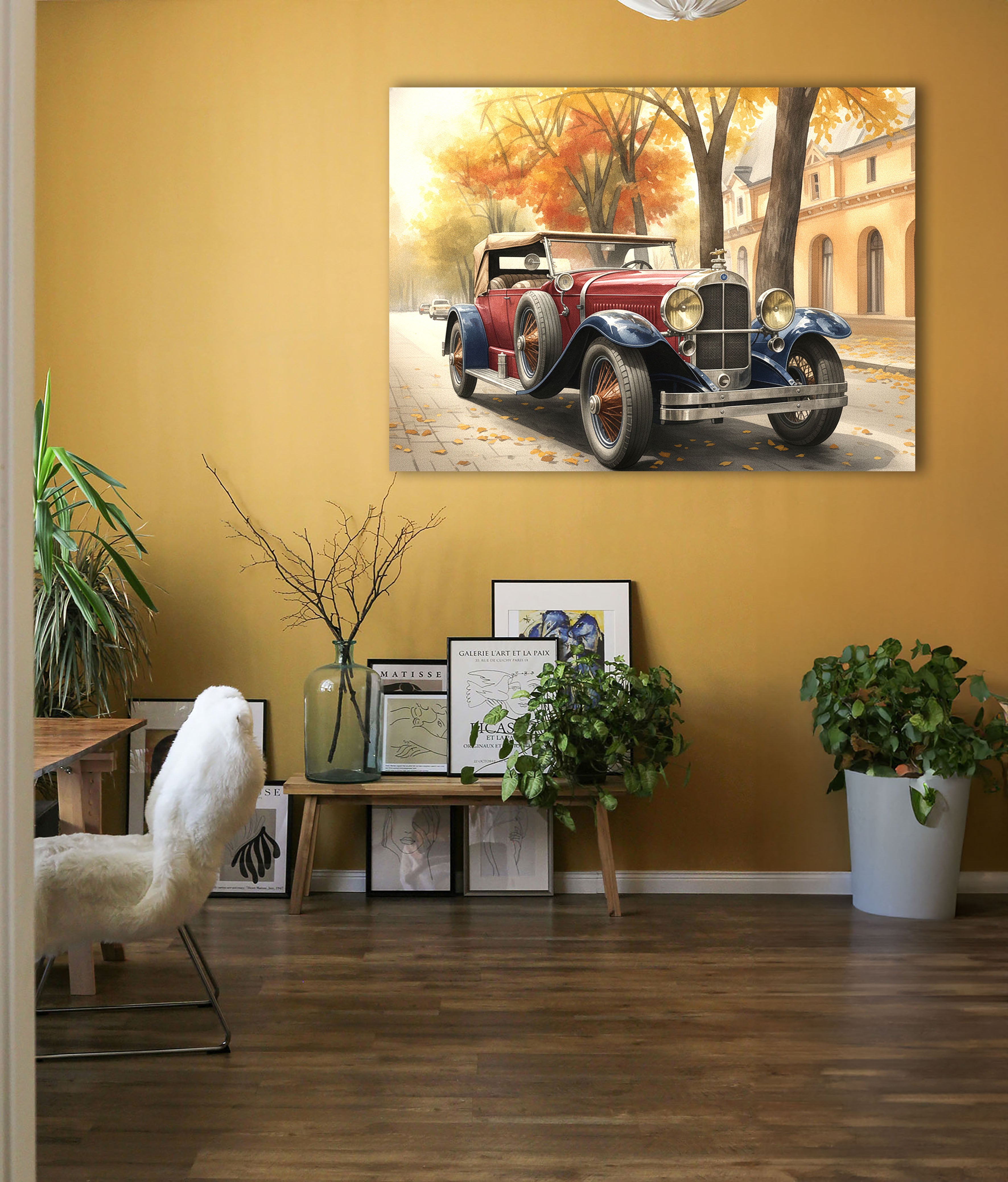 Wandbild Oldtimer Roter Cabriolet Zweifarbig Aquarell Herbstallee Kunstdruck auf Leinwand