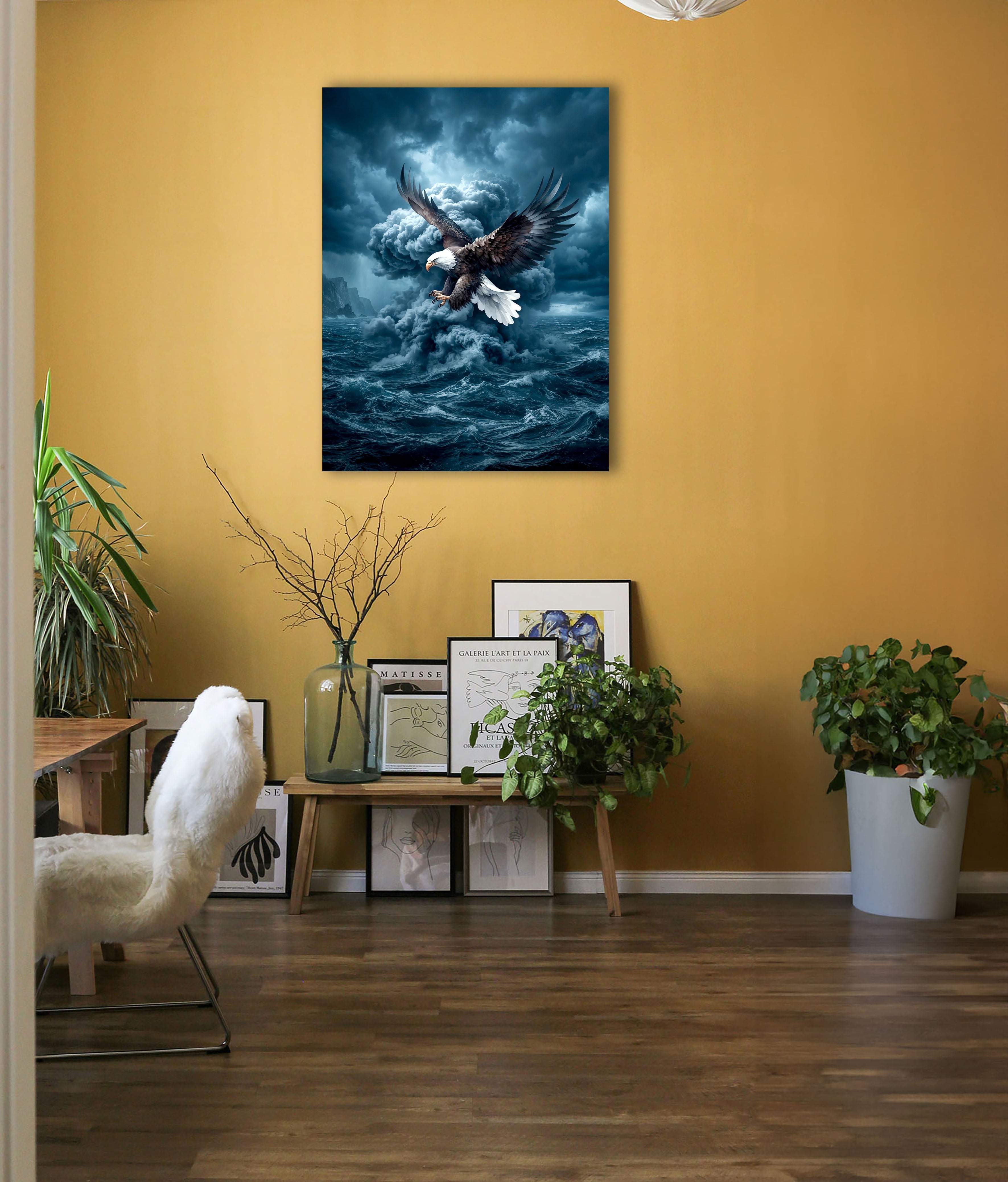 Wandbild Adler Seitenflug Sturmwolke Hochsee Brandung Blaue Stimmung Kunstdruck auf Leinwand