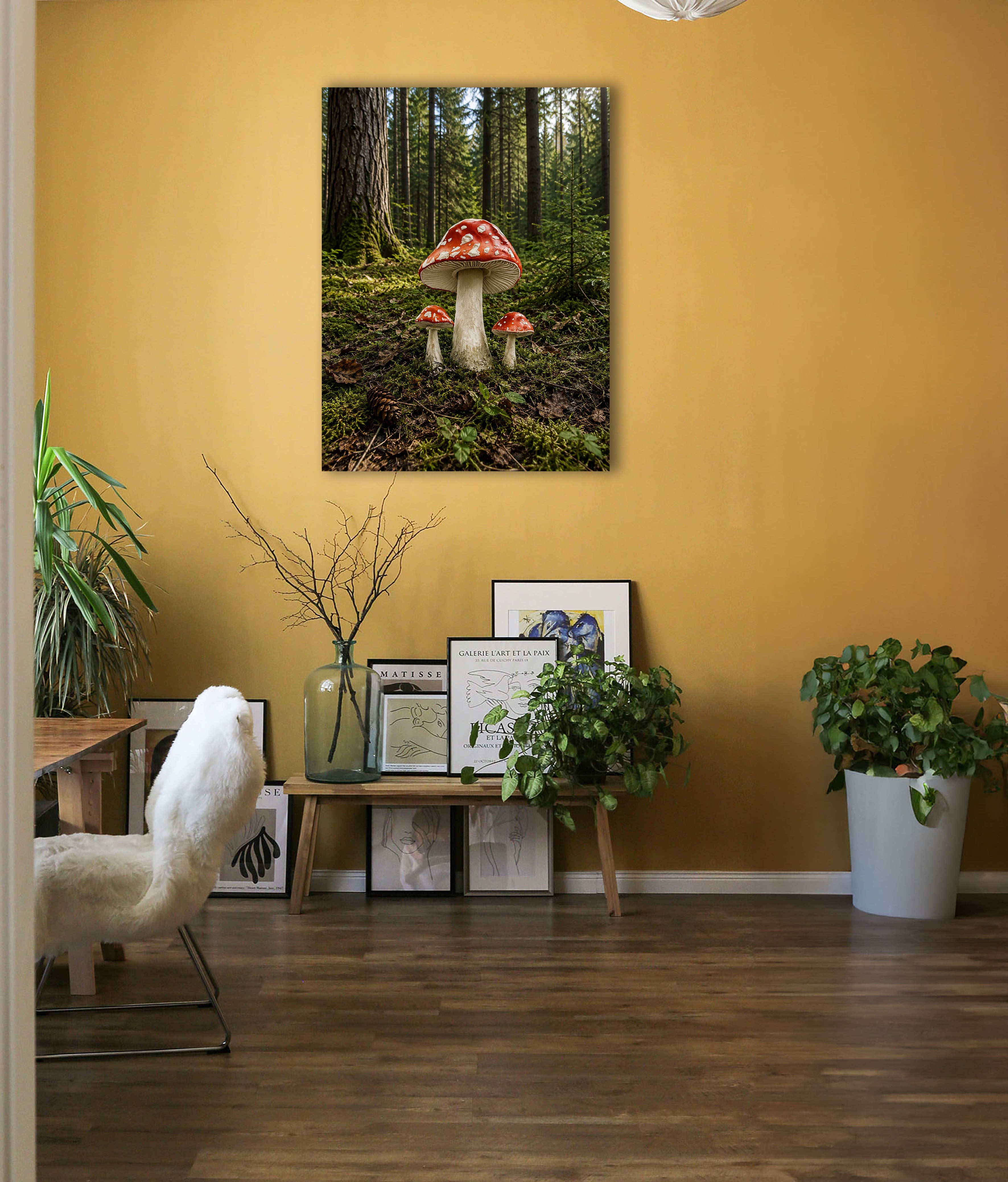 Wandbild Waldpilz Drei Fliegenpilze Moosiger Waldboden Nadelwald Kunstdruck auf Leinwand