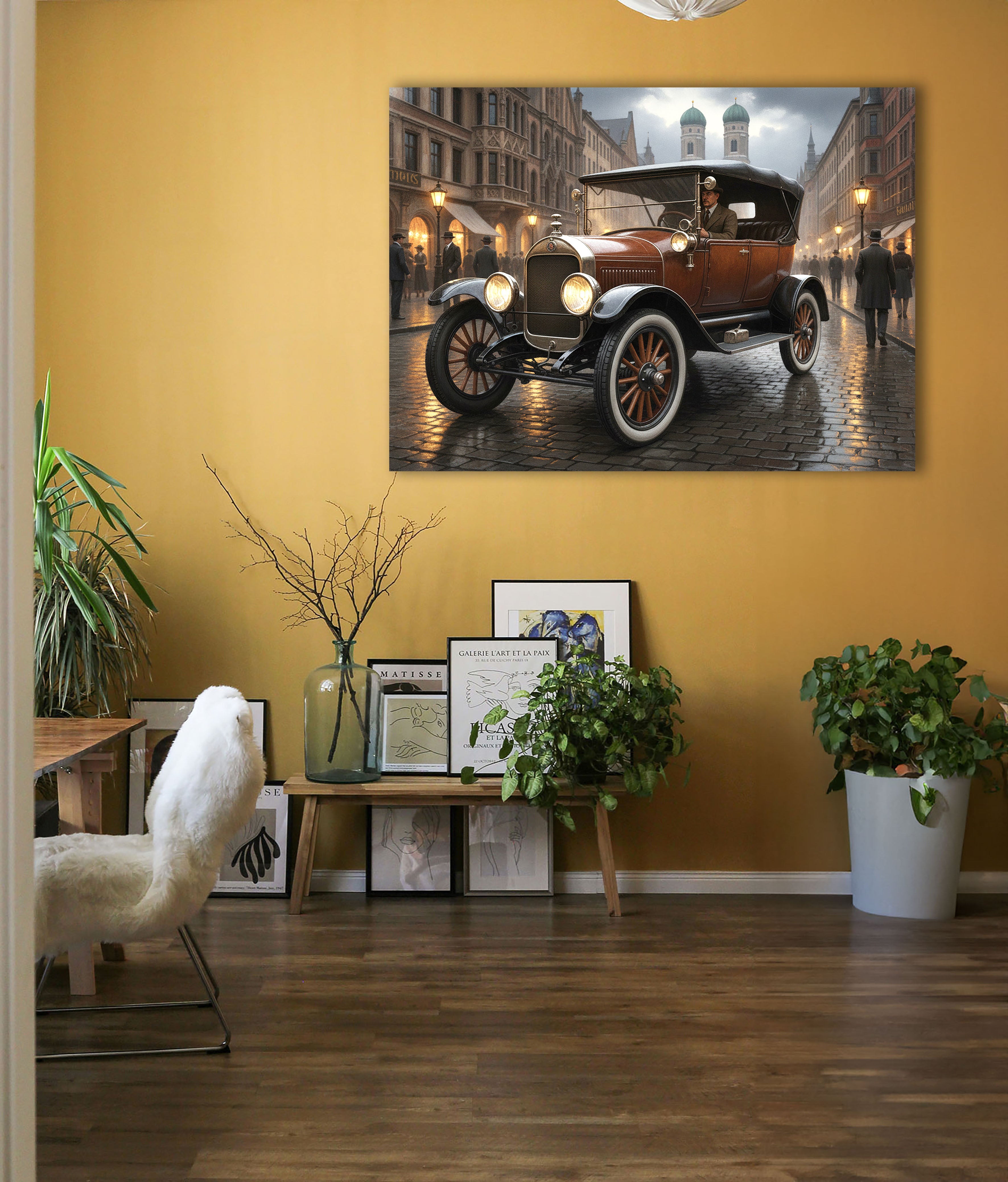 Wandbild Oldtimer Brauner Tourenwagen Fahrer München Frauenkirche Kaiserzeit Kunstdruck auf Leinwand