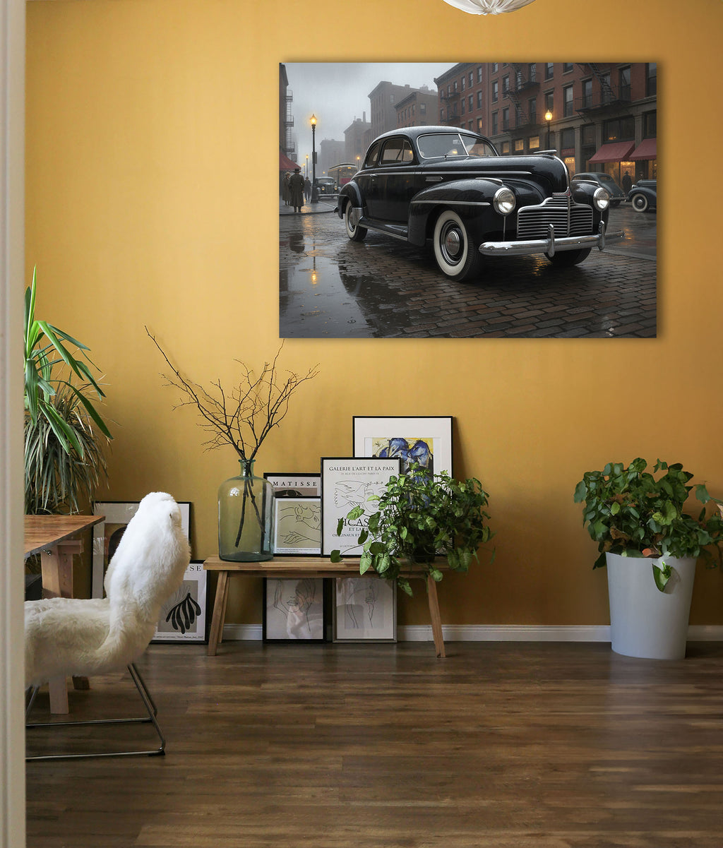 Wandbild Oldtimer Schwarzer Coupé Film Noir Regennacht New York Kopfsteinpflaster Kunstdruck auf Leinwand