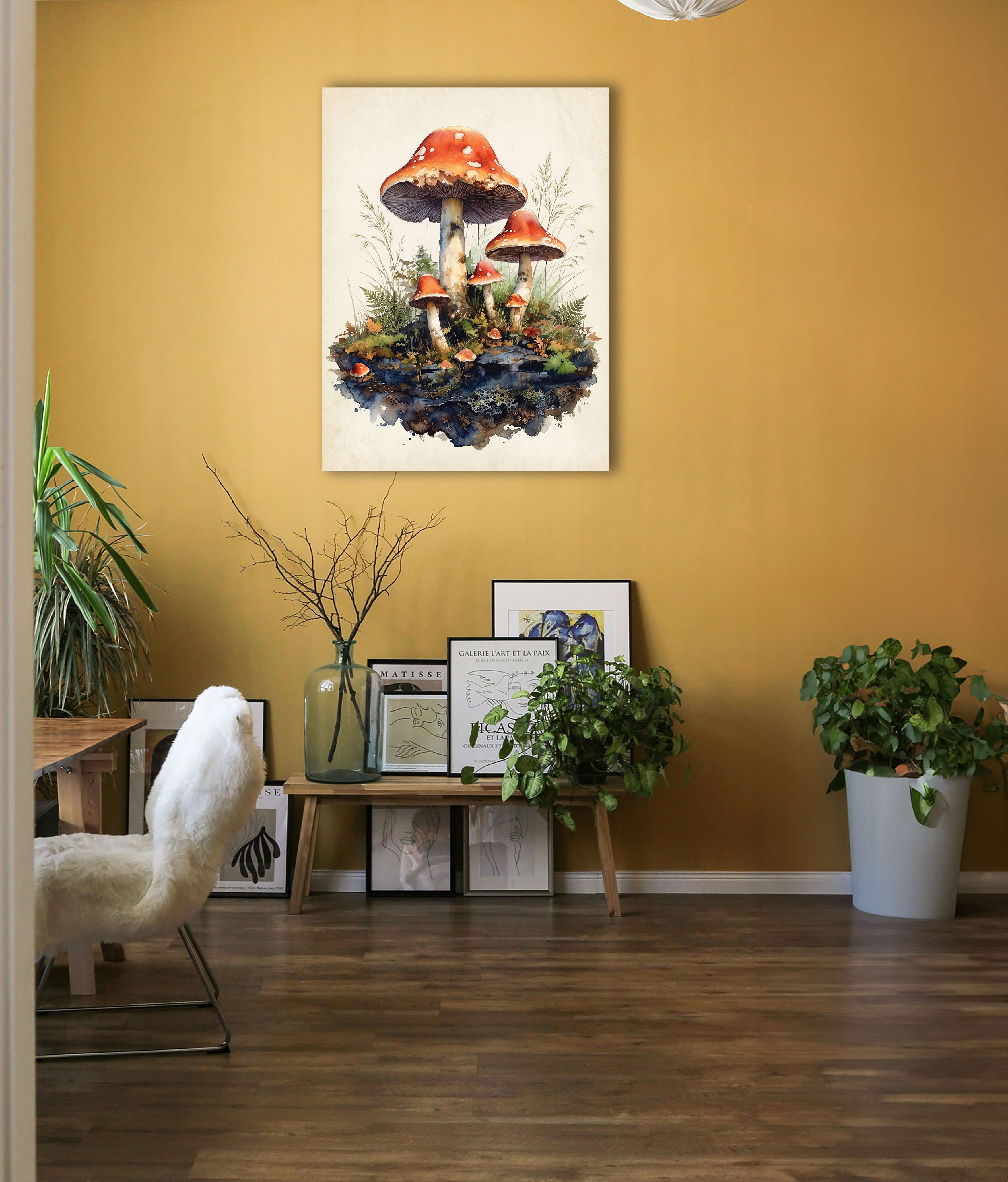 Wandbild Waldpilz Aquarell Fliegenpilze Gruppe Gräser Farne Beige Kunstdruck auf Leinwand