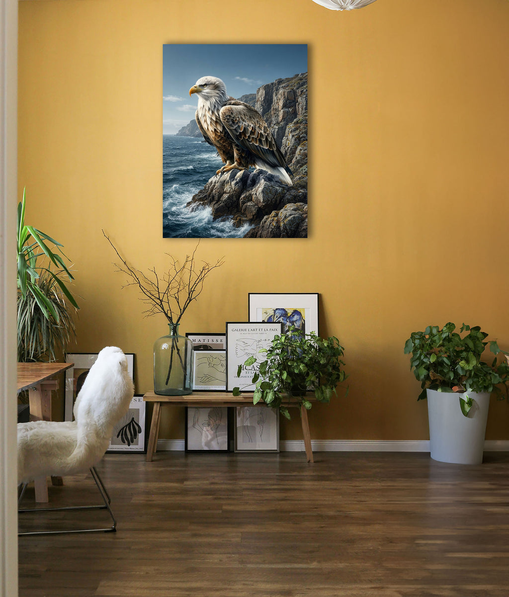 Wandbild Adler Sitzend Steilküste Klippen Meer Illustrationsstil Kunstdruck auf Leinwand