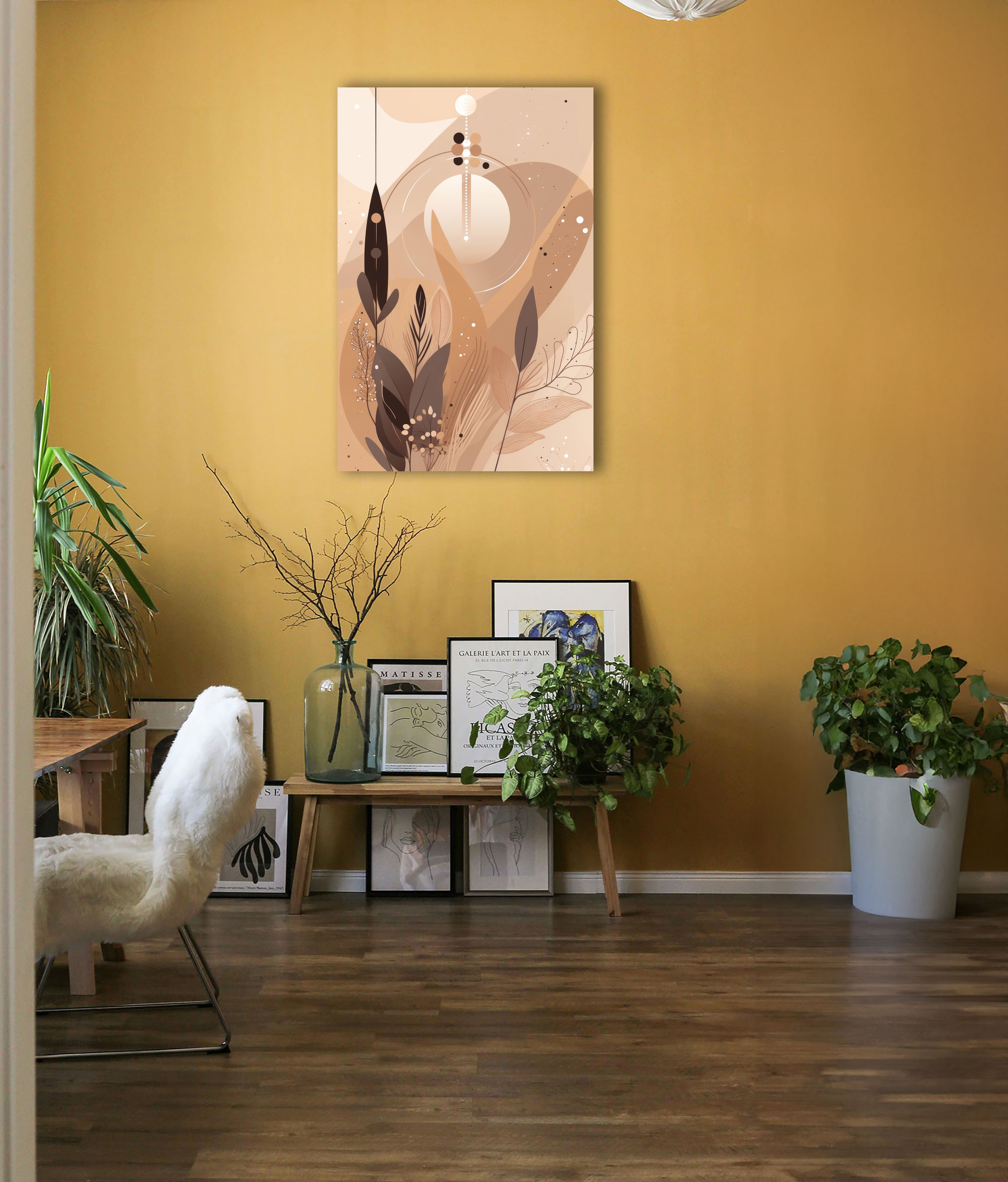 Wandbild Boho Art Mond Blätter Federn Mystisch Beige Braun Kunstdruck auf Leinwand
