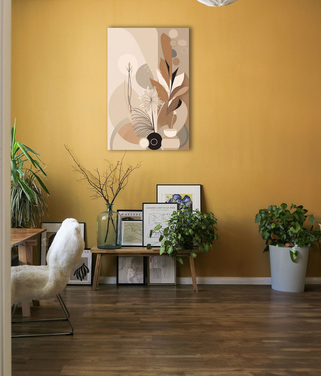 Wandbild Boho Art Schwarze Vase Pusteblume Palmfarn Beige Braun Kunstdruck auf Leinwand