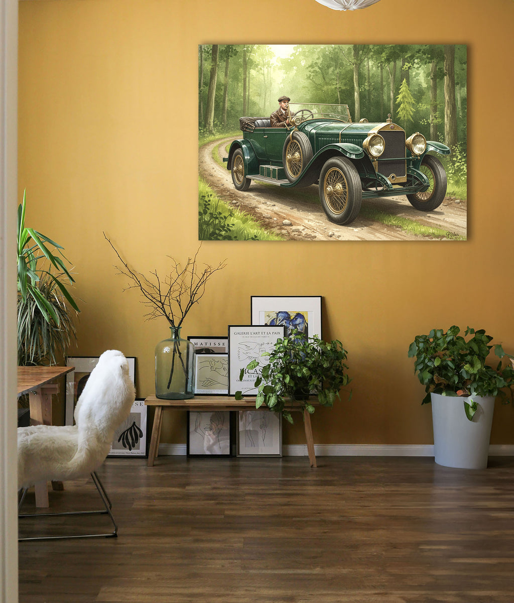 Wandbild Oldtimer Grüner Tourenwagen Fahrer Waldweg Sonnenlicht Kunstdruck auf Leinwand