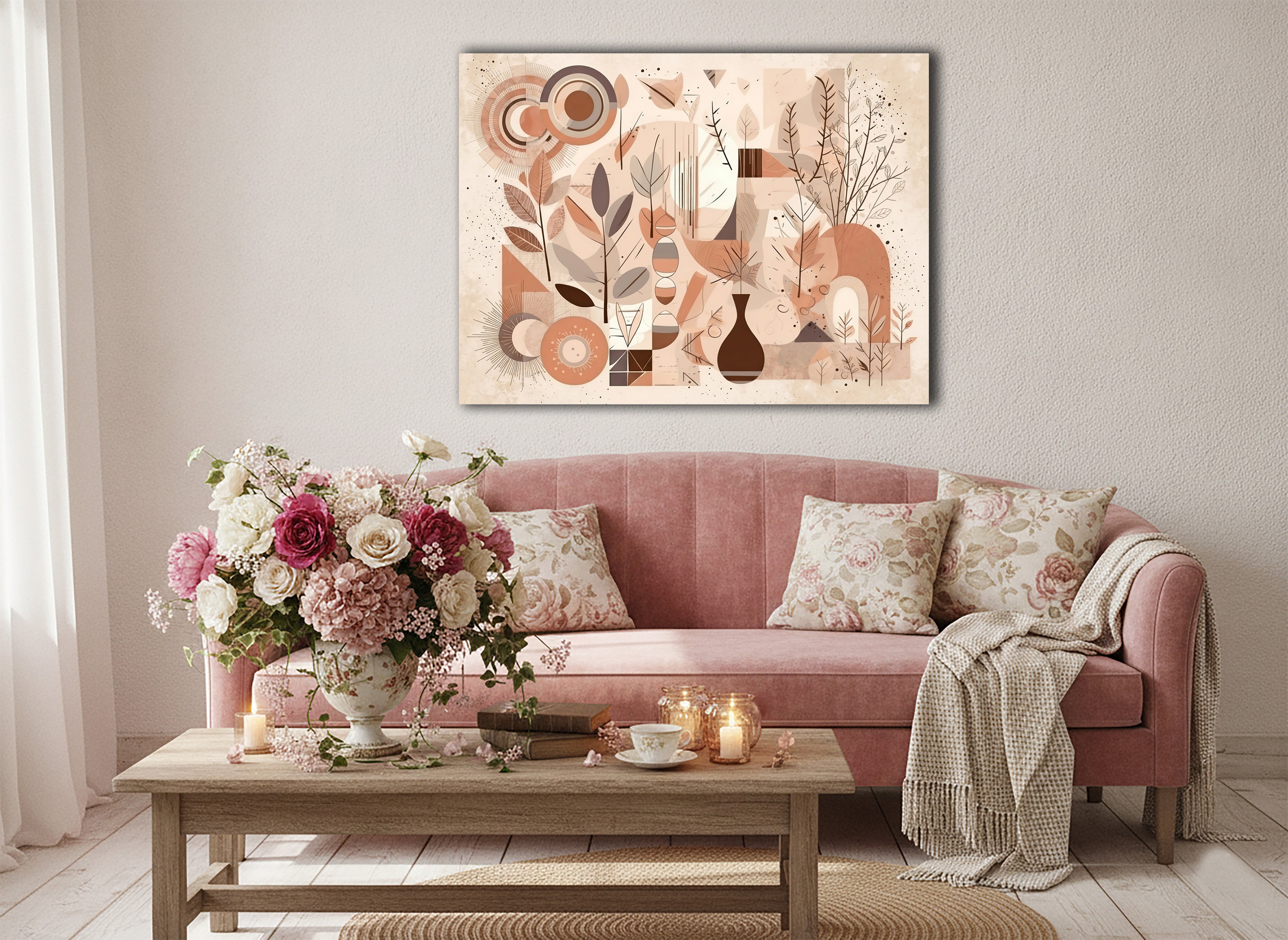 Wandbild Boho Art Abstrakt Collage Fuchs Vase Zweige Beige Rosa Illustrationsstil Kunstdruck auf Leinwand