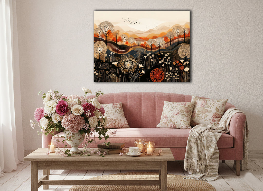 Wandbild Boho Art Herbstlandschaft Wildblumen Wellen Illustrationsstil Kunstdruck auf Leinwand