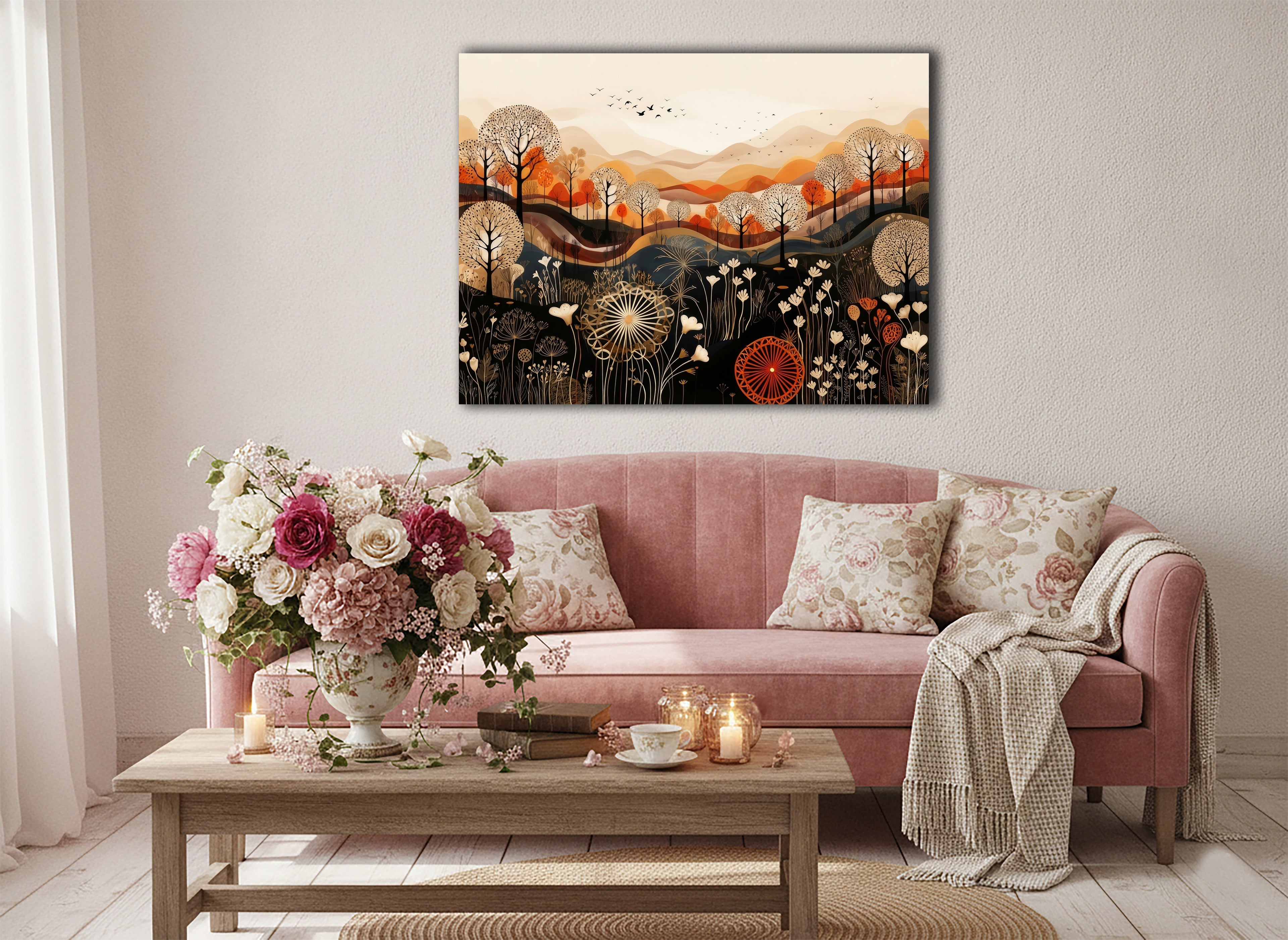 Wandbild Boho Art Herbstlandschaft Wildblumen Wellen Illustrationsstil Kunstdruck auf Leinwand