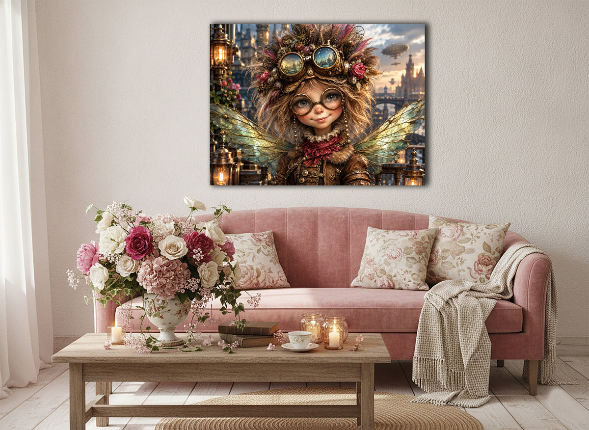 Steampunk Fee mit Fliegerbrille – Fantasie Wandbild für Mädchenzimmer