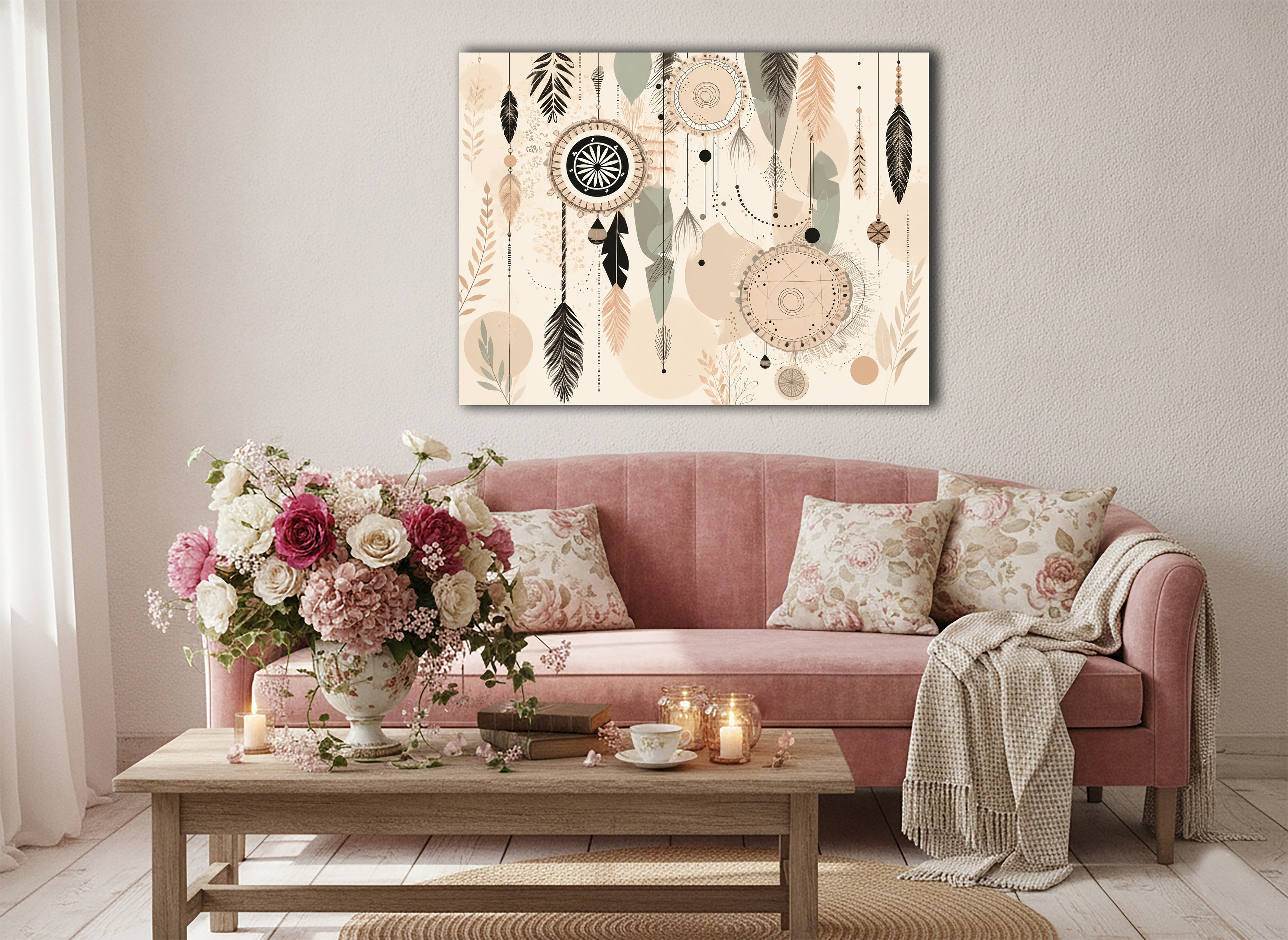Wandbild Boho Art Traumfänger Federn Perlen Beige Schwarz Aquarell Illustrationsstil Kunstdruck auf Leinwand