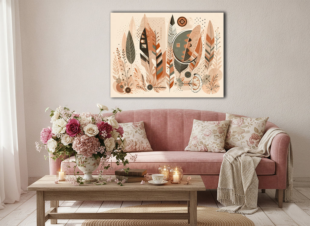 Wandbild Boho Art Federn Geometrisch Mond Terrakotta Grau Illustrationsstil Kunstdruck auf Leinwand