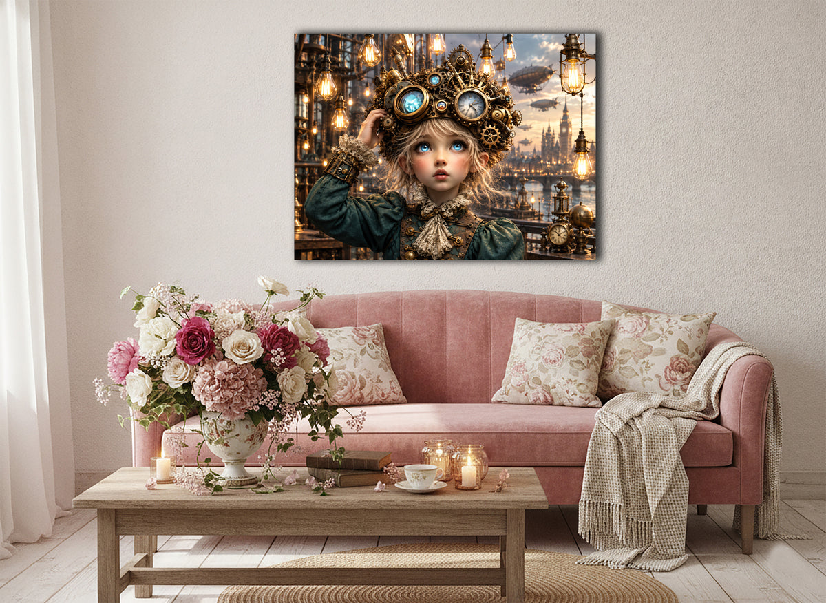 Kleine Steampunk-Erfinderin – Fantasie Wandbild fürs Kinderzimmer