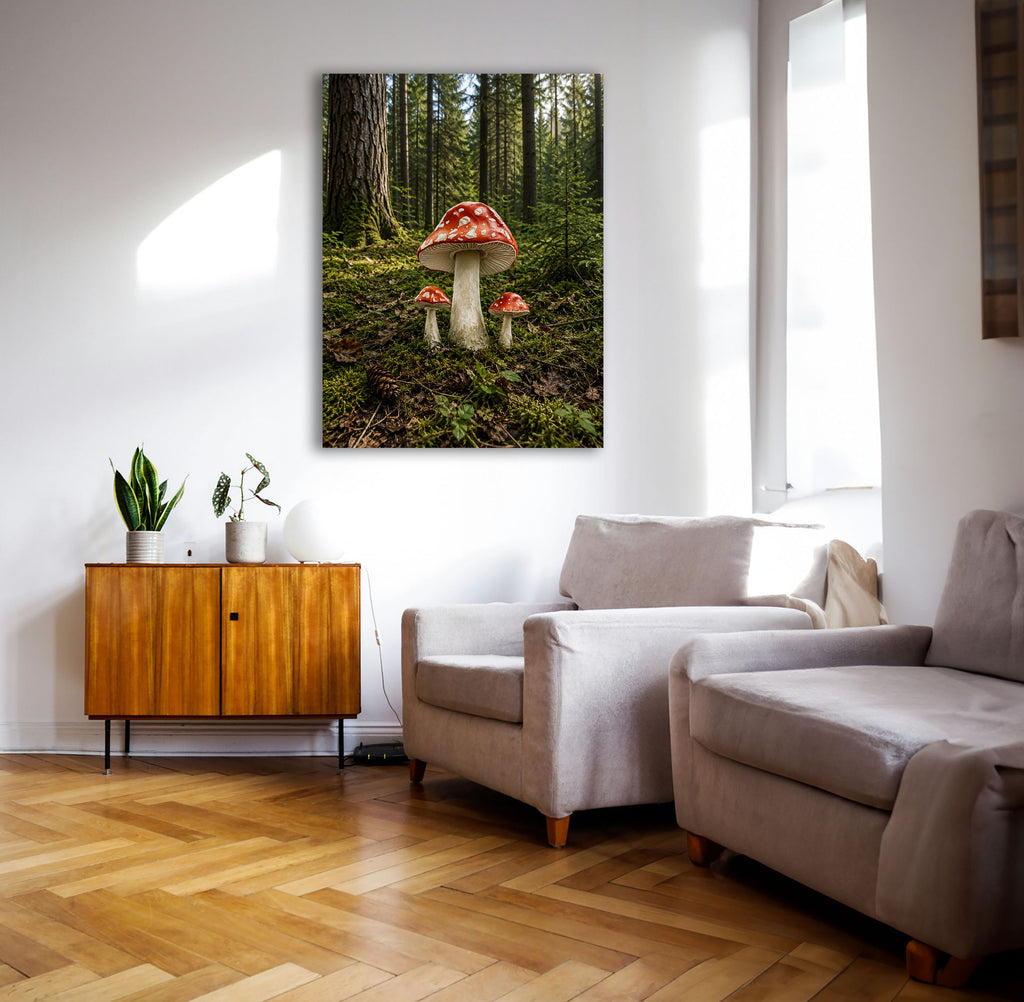 Wandbild Waldpilz Drei Fliegenpilze Moosiger Waldboden Nadelwald Kunstdruck auf Leinwand