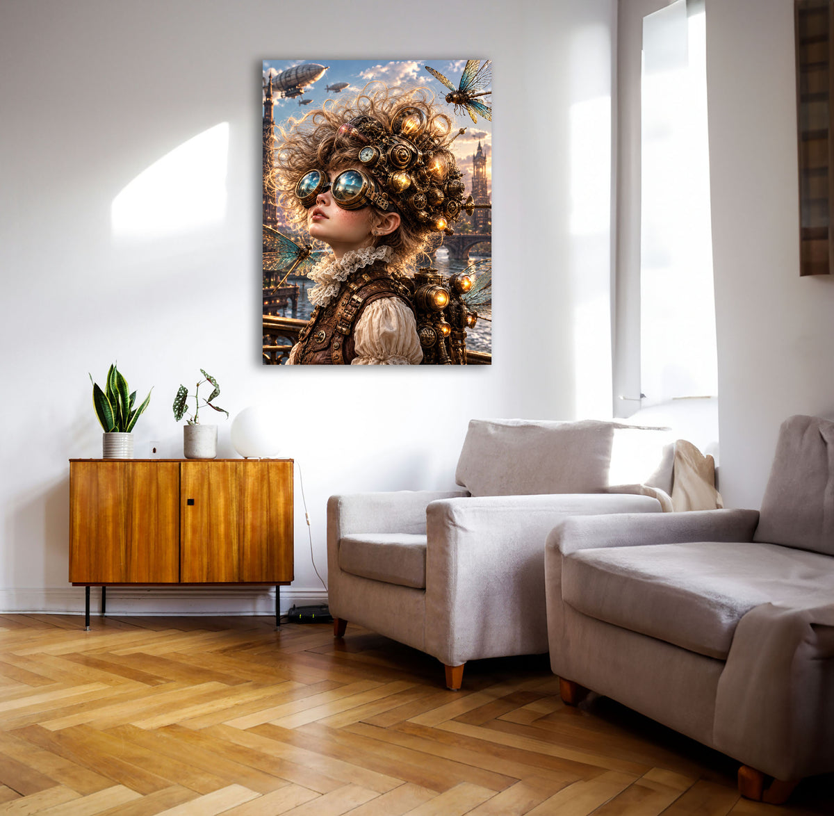 Steampunk Himmelsforscherin – Fantasie Wandbild fürs Kinderzimmer