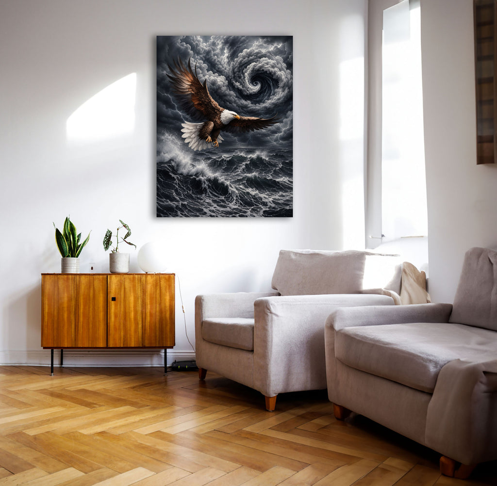 Wandbild Adler Seitenflug Wirbelsturm Blitze Hochsee Brandung Kunstdruck auf Leinwand