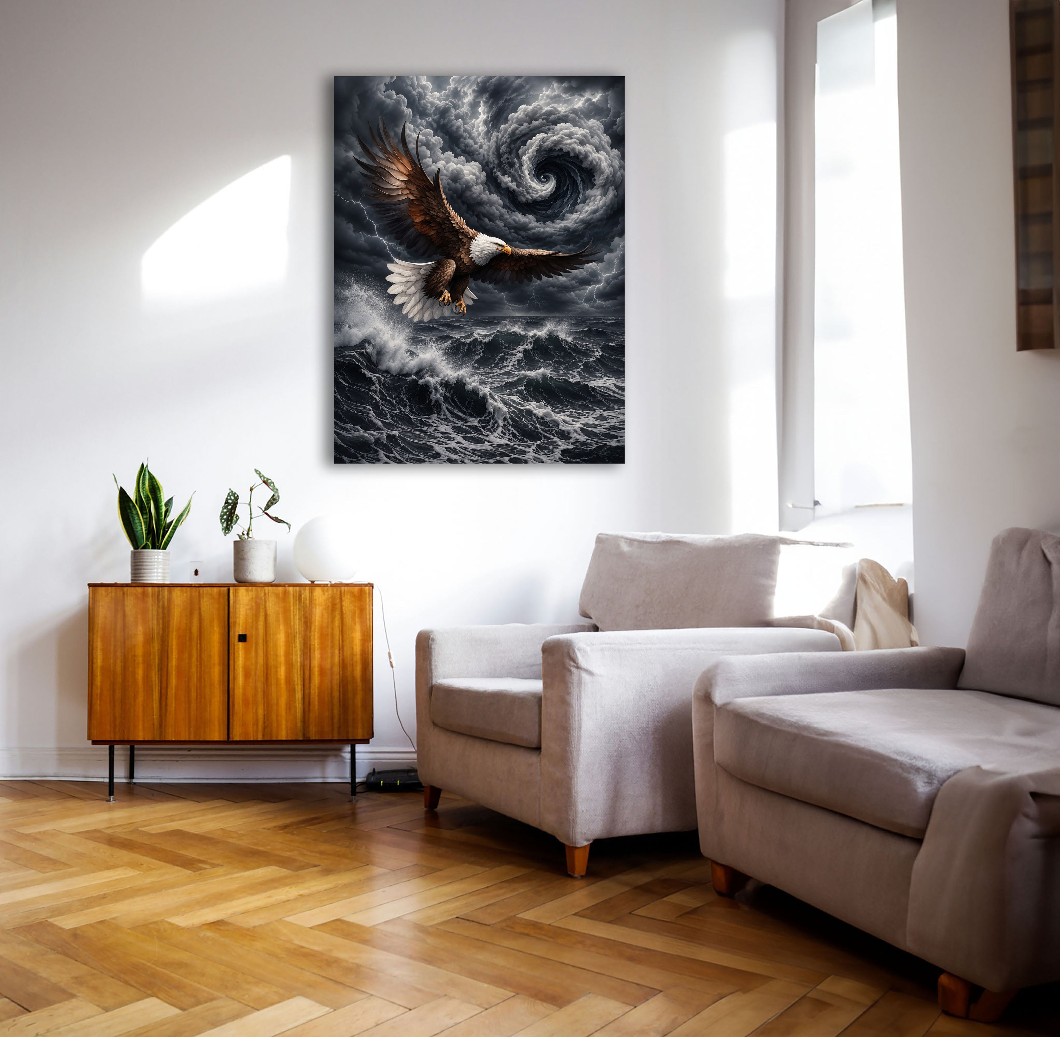 Wandbild Adler Seitenflug Wirbelsturm Blitze Hochsee Brandung Kunstdruck auf Leinwand