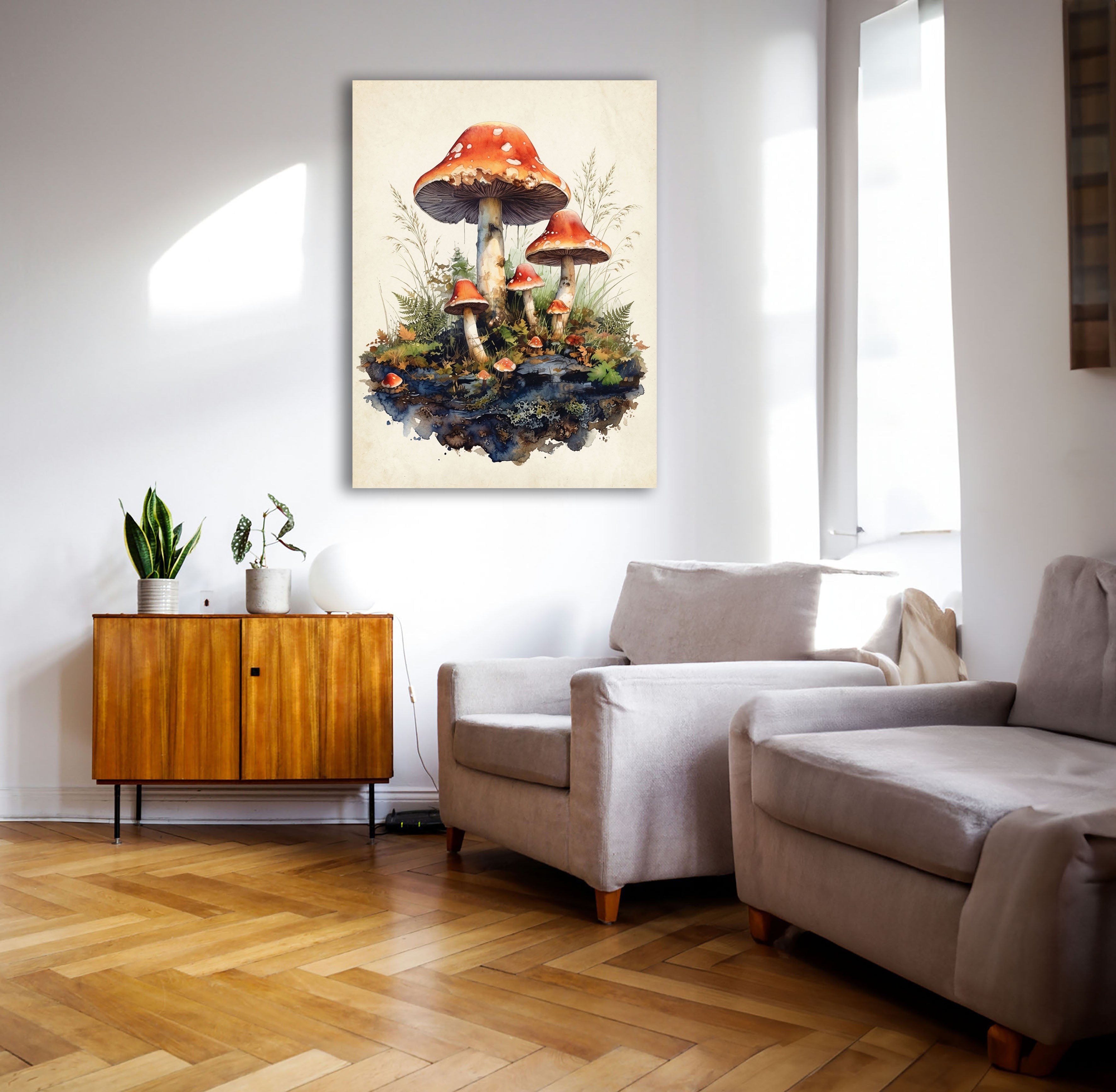 Wandbild Waldpilz Aquarell Fliegenpilze Gruppe Gräser Farne Beige Kunstdruck auf Leinwand