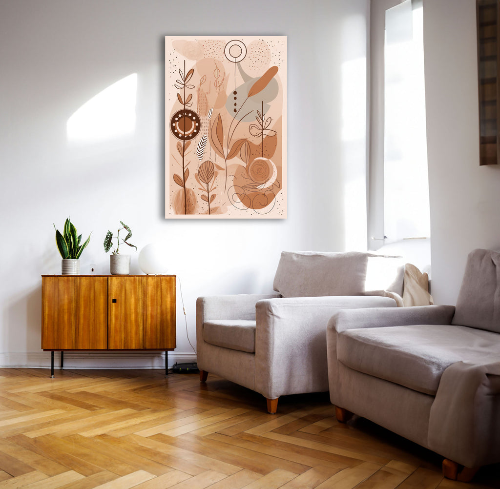 Wandbild Boho Art Linienpflanzen Feder Spiralen Beige Terrakotta Kunstdruck auf Leinwand