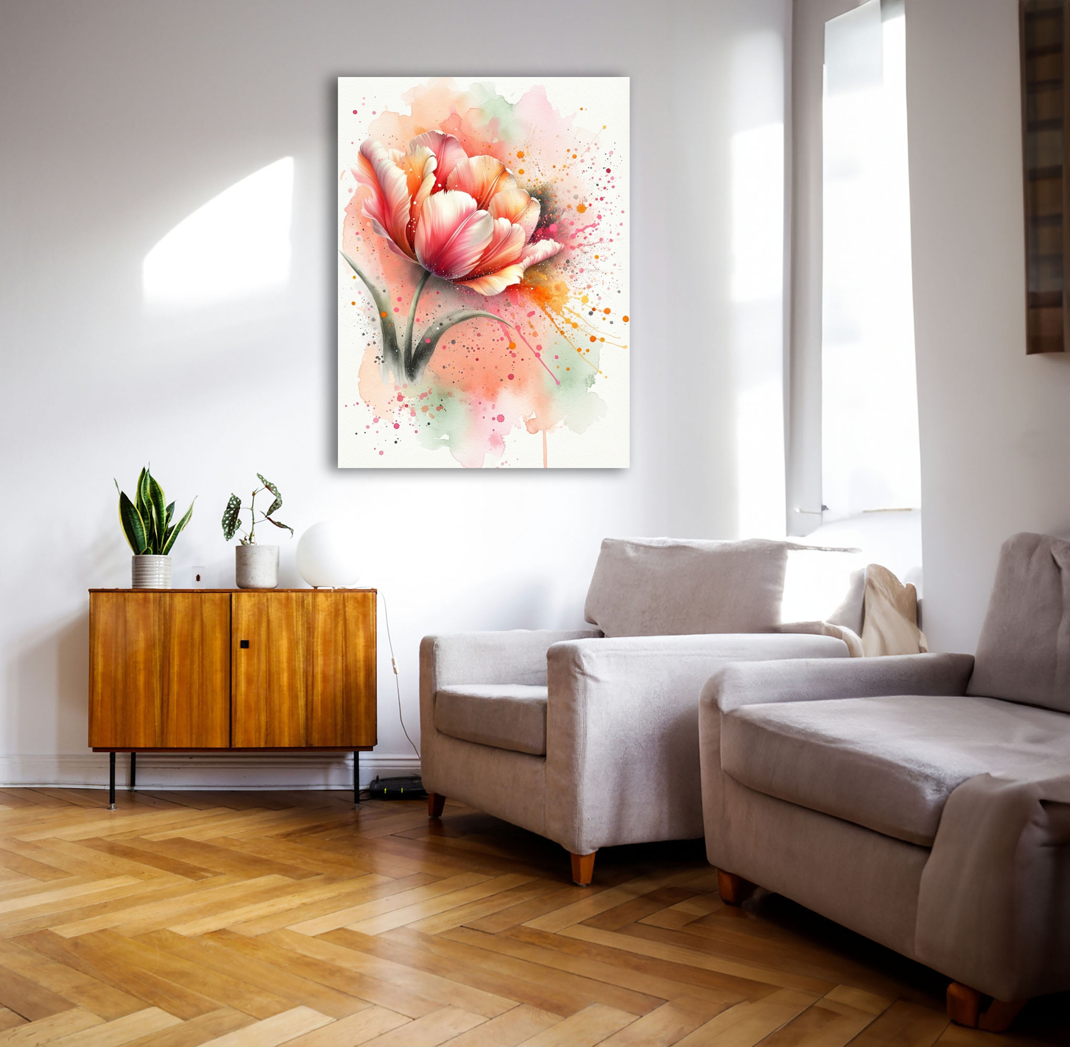 Wandbild Tulpe Aquarell Lachs Orange Rosa Farbspritzer Frühlingsblüte Kunstdruck auf Leinwand