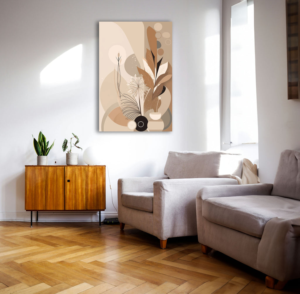 Wandbild Boho Art Schwarze Vase Pusteblume Palmfarn Beige Braun Kunstdruck auf Leinwand