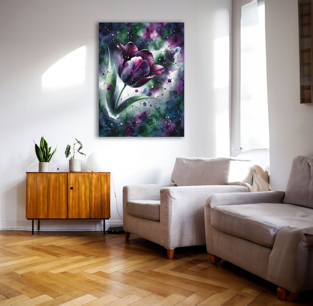 Wandbild Tulpe Aquarell Dunkelviolett Galaxie Grün Sternennebel Kunstdruck auf Leinwand