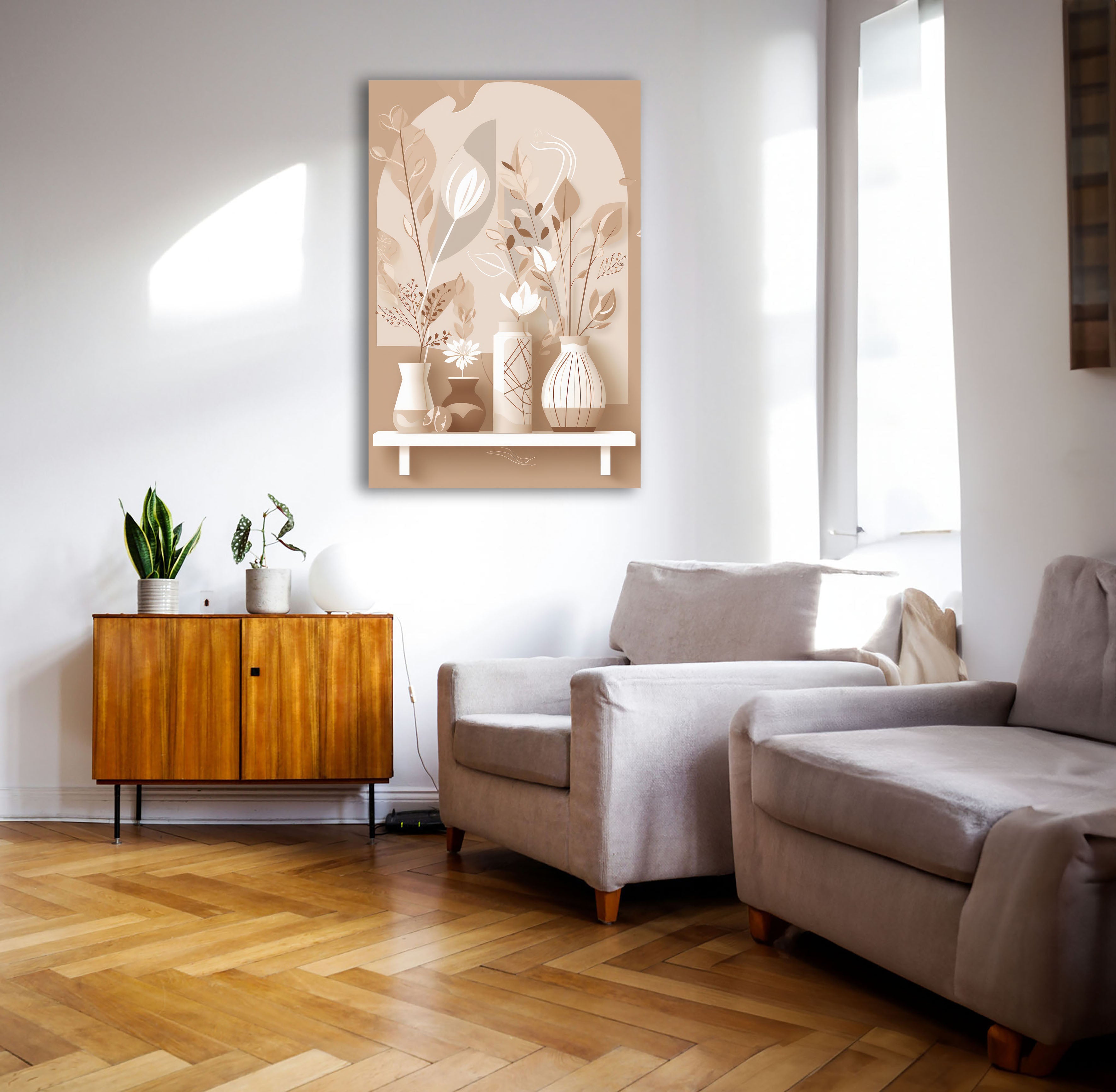 Wandbild Boho Art Vasen Stillleben Trockenblumen Beige Kunstdruck auf Leinwand