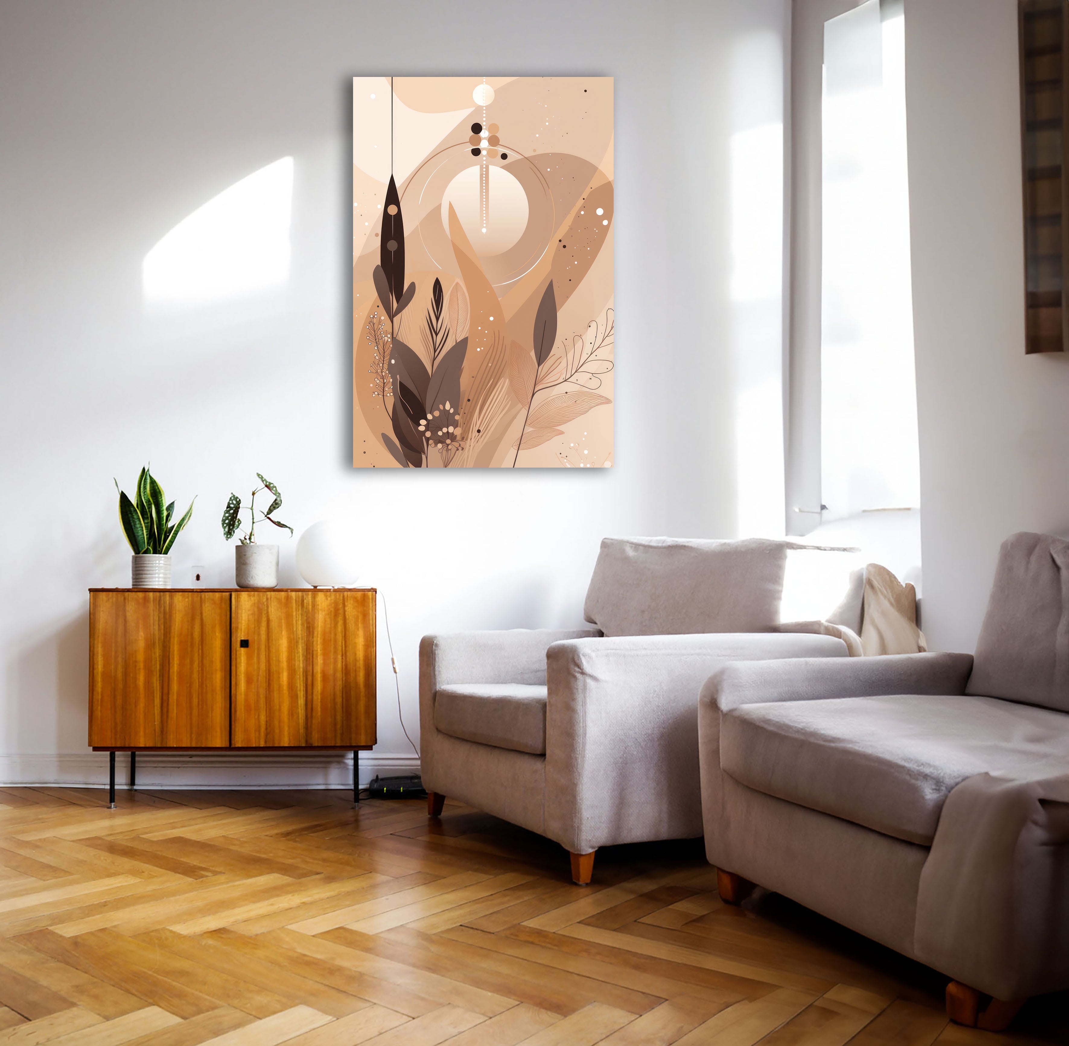 Wandbild Boho Art Mond Blätter Federn Mystisch Beige Braun Kunstdruck auf Leinwand