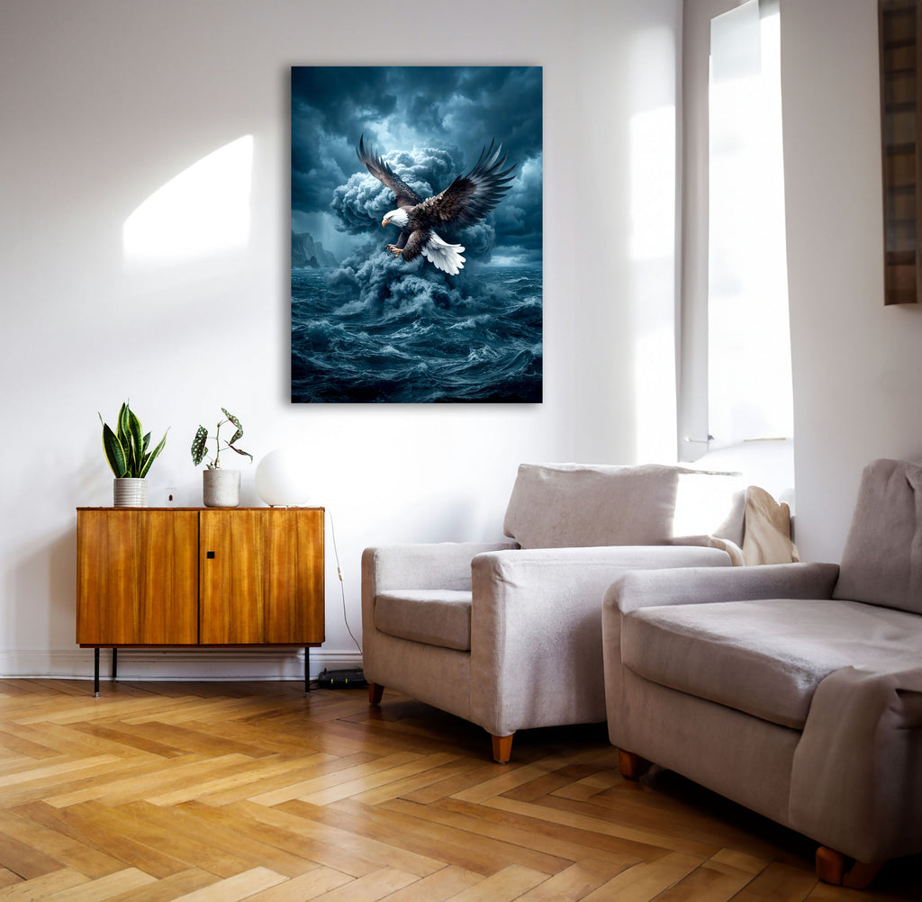 Wandbild Adler Seitenflug Sturmwolke Hochsee Brandung Blaue Stimmung Kunstdruck auf Leinwand