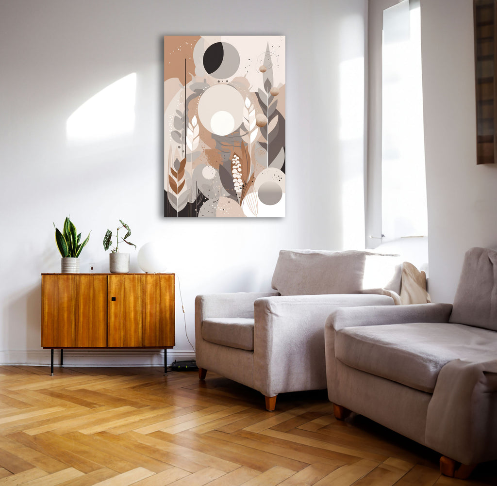 Wandbild Boho Art Mondphasen Blätter Abstrakt Beige Grau Kunstdruck auf Leinwand
