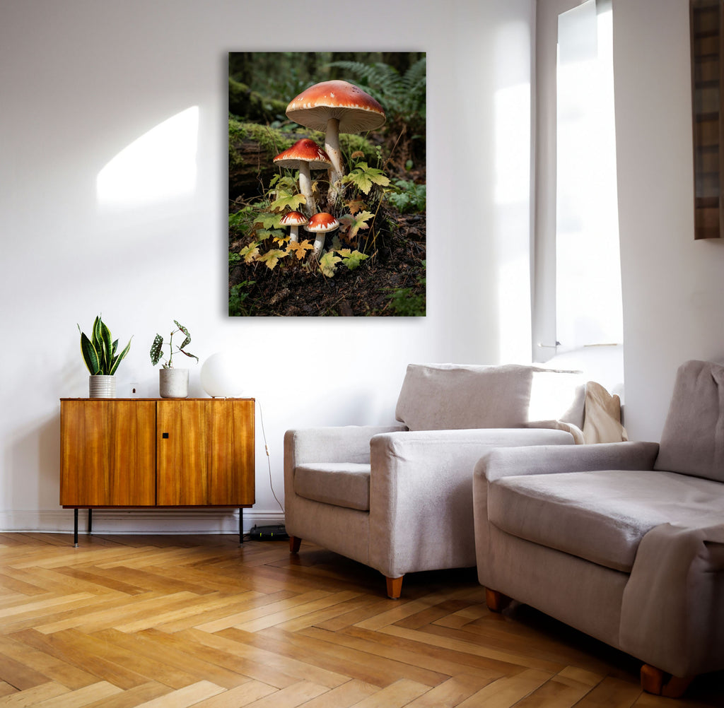 Wandbild Waldpilz Vier Pilze Herbstlaub Farne Waldboden Kunstdruck auf Leinwand