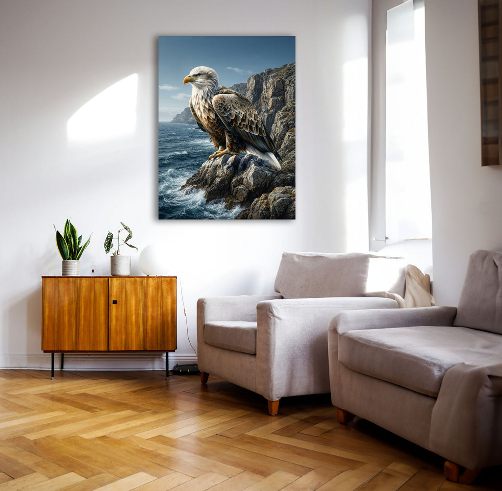 Wandbild Adler Sitzend Steilküste Klippen Meer Illustrationsstil Kunstdruck auf Leinwand