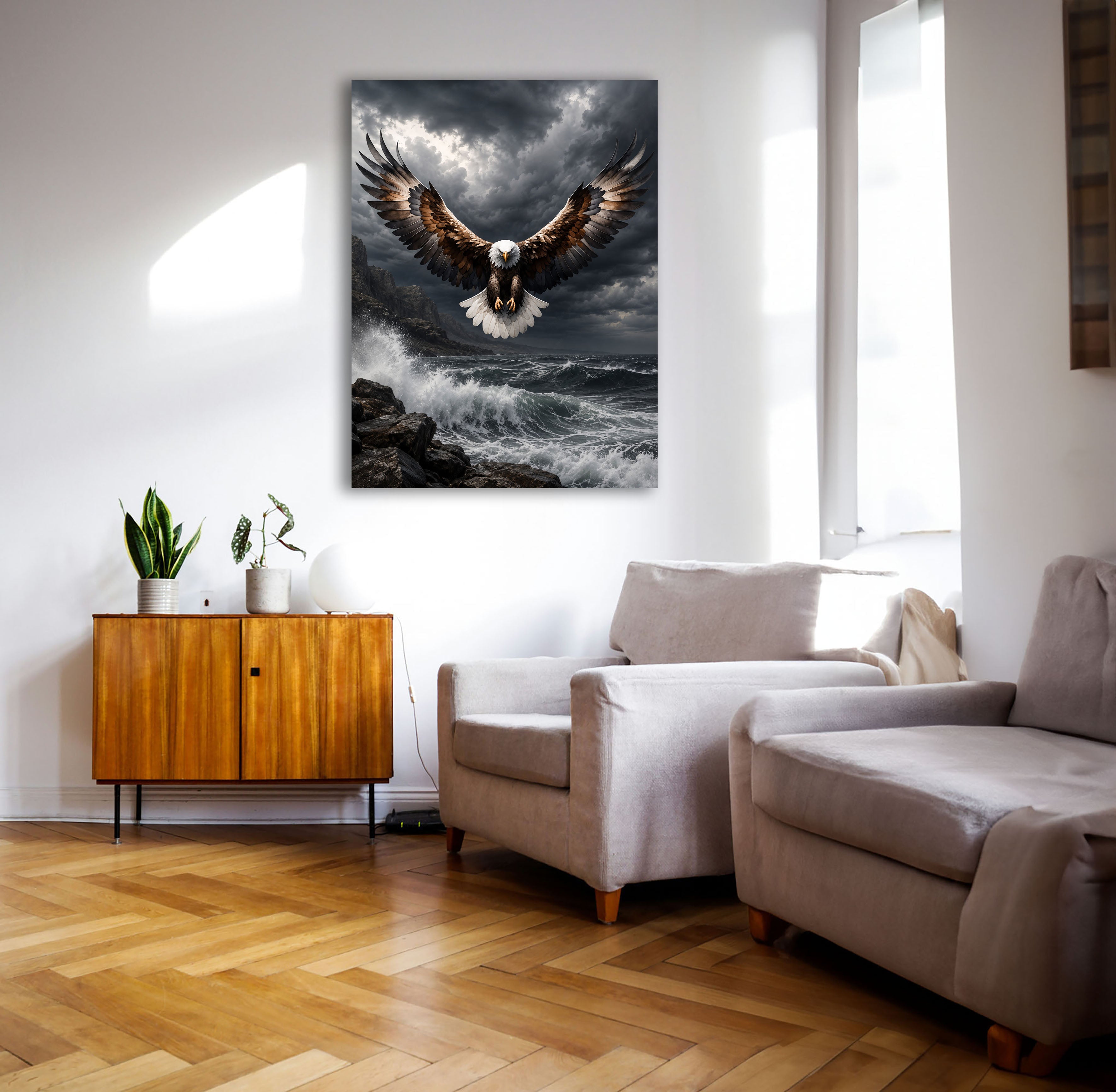 Wandbild Adler Frontalflug Sturmküste Felsen Brandung Kunstdruck auf Leinwand