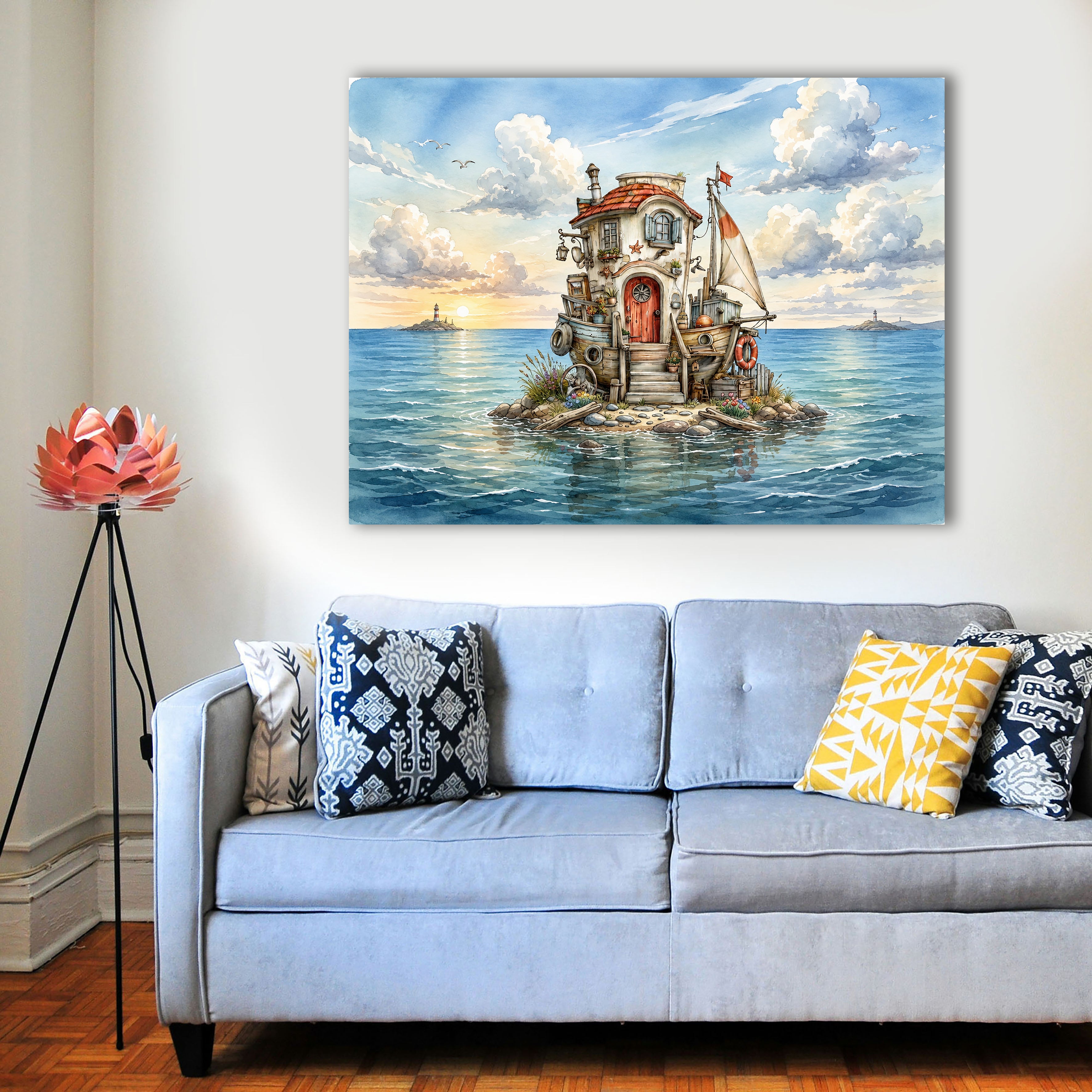 Wandbild Hausboot Karikatur 4 Kunstdruck auf Leinwand