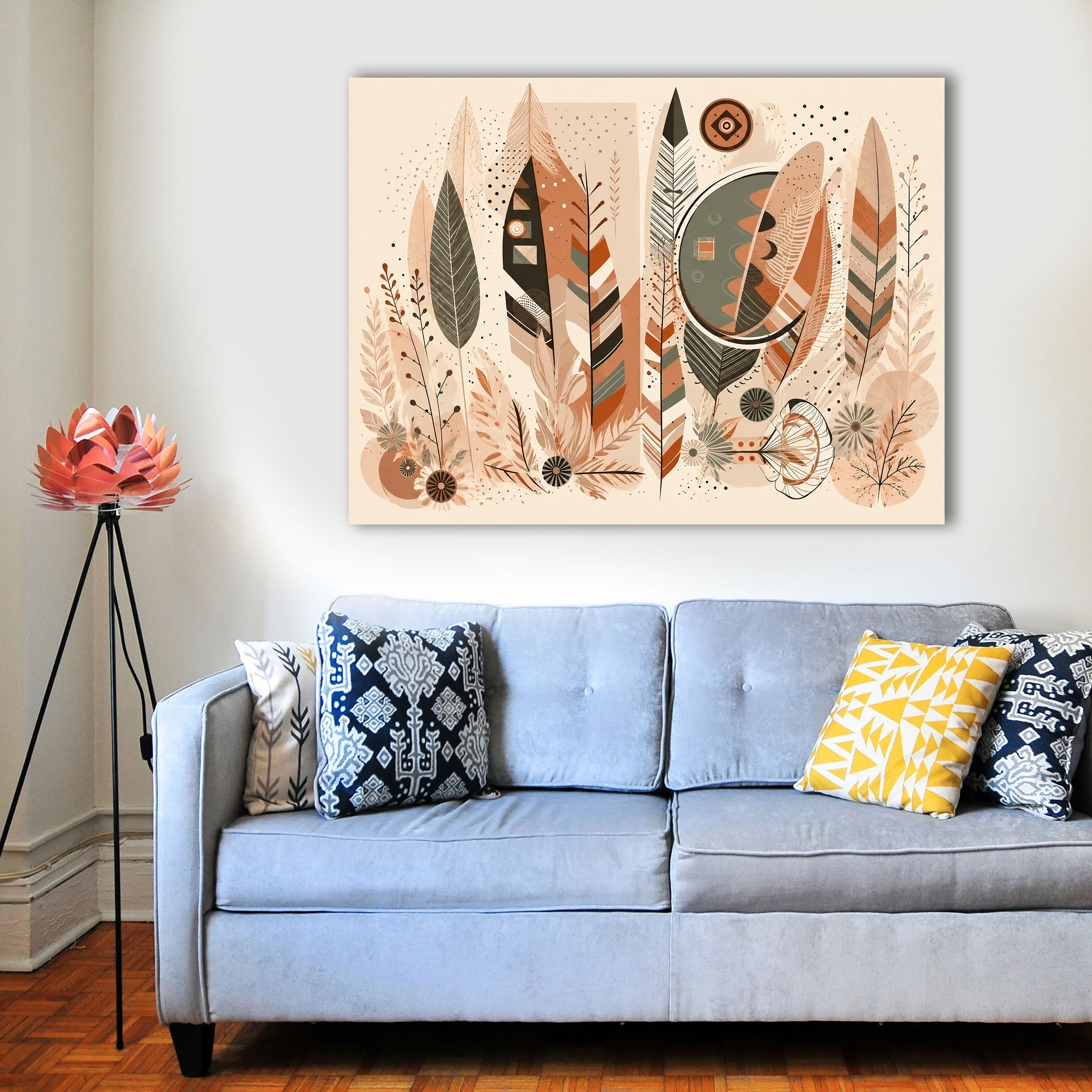 Wandbild Boho Art Federn Geometrisch Mond Terrakotta Grau Illustrationsstil Kunstdruck auf Leinwand