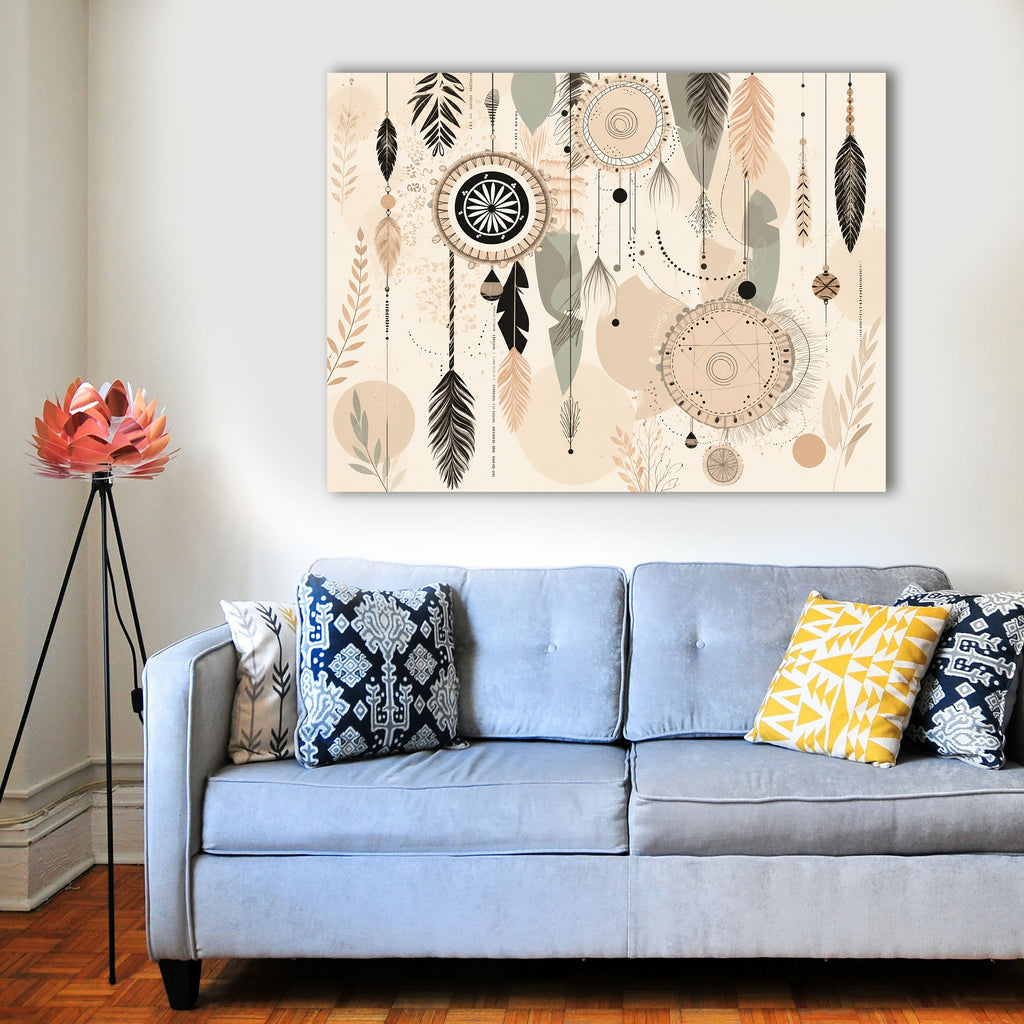 Wandbild Boho Art Traumfänger Federn Perlen Beige Schwarz Aquarell Illustrationsstil Kunstdruck auf Leinwand