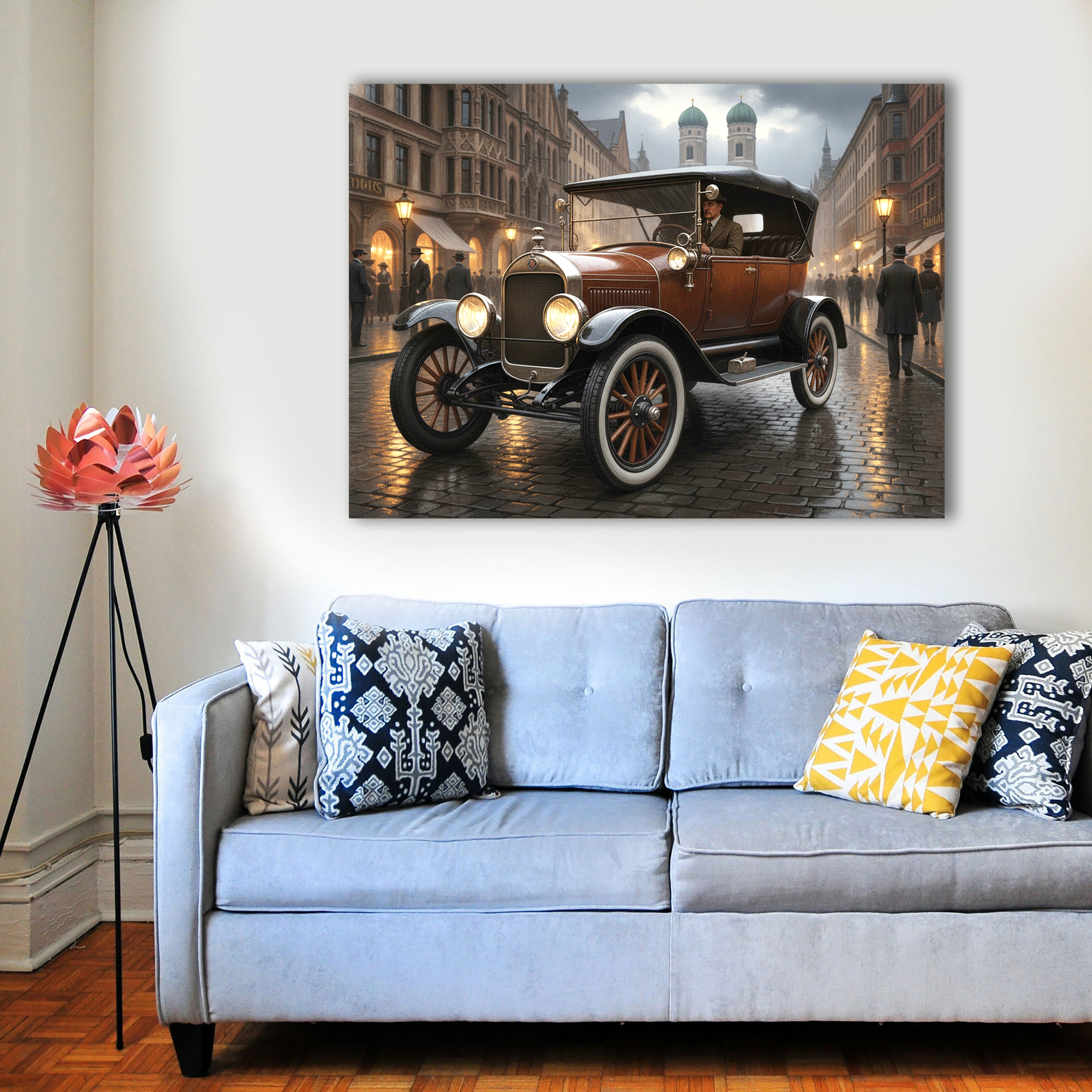Wandbild Oldtimer Brauner Tourenwagen Fahrer München Frauenkirche Kaiserzeit Kunstdruck auf Leinwand