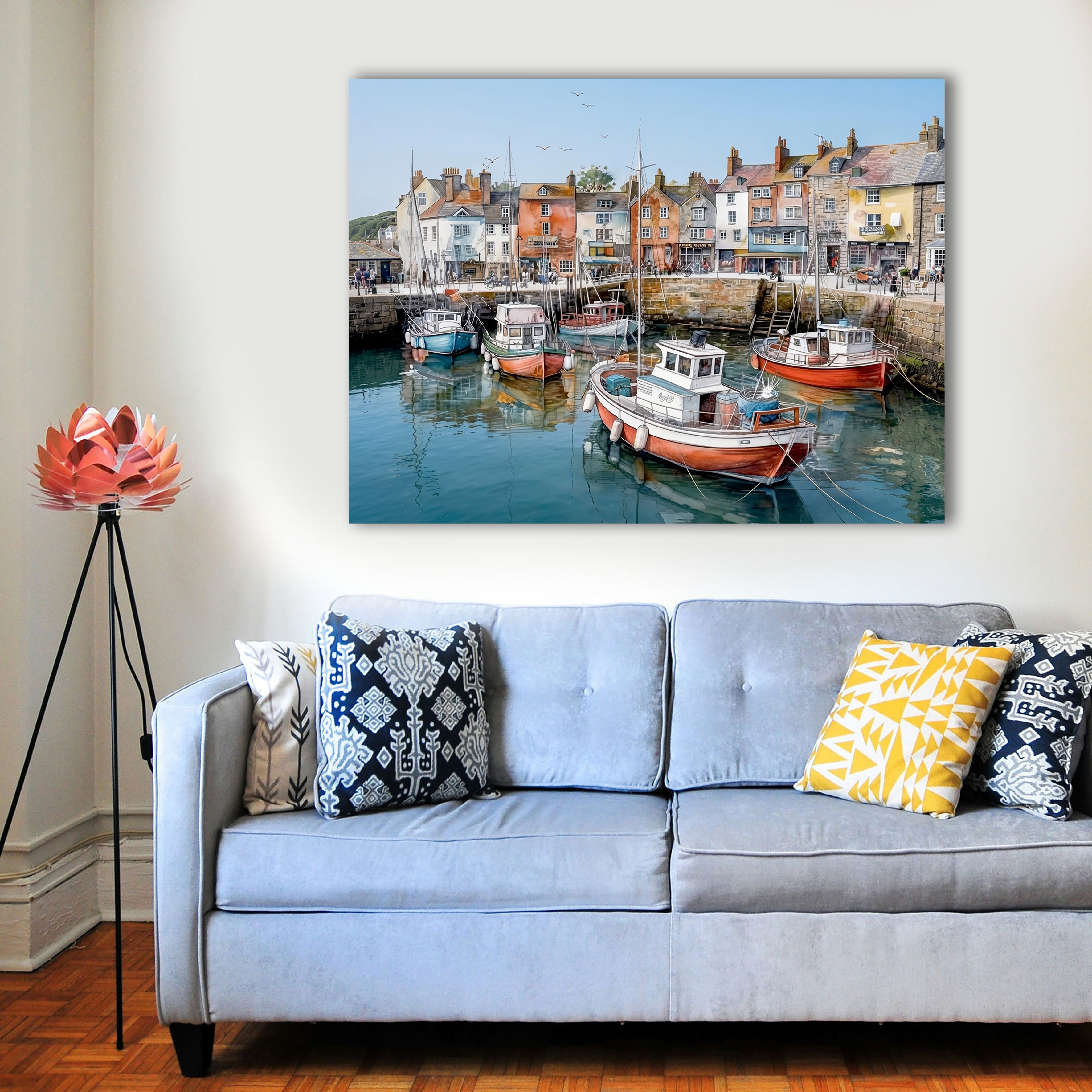 Wandbild Fischerboot Hafen Oranges Hochhaus Fünf Boote Segelmasten Fahrräder Kai Kunstdruck auf Leinwand