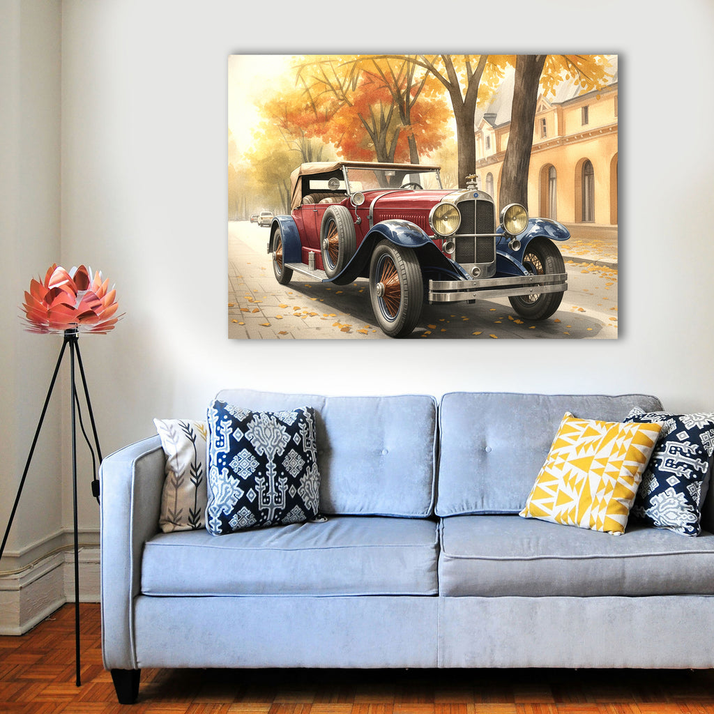 Wandbild Oldtimer Roter Cabriolet Zweifarbig Aquarell Herbstallee Kunstdruck auf Leinwand
