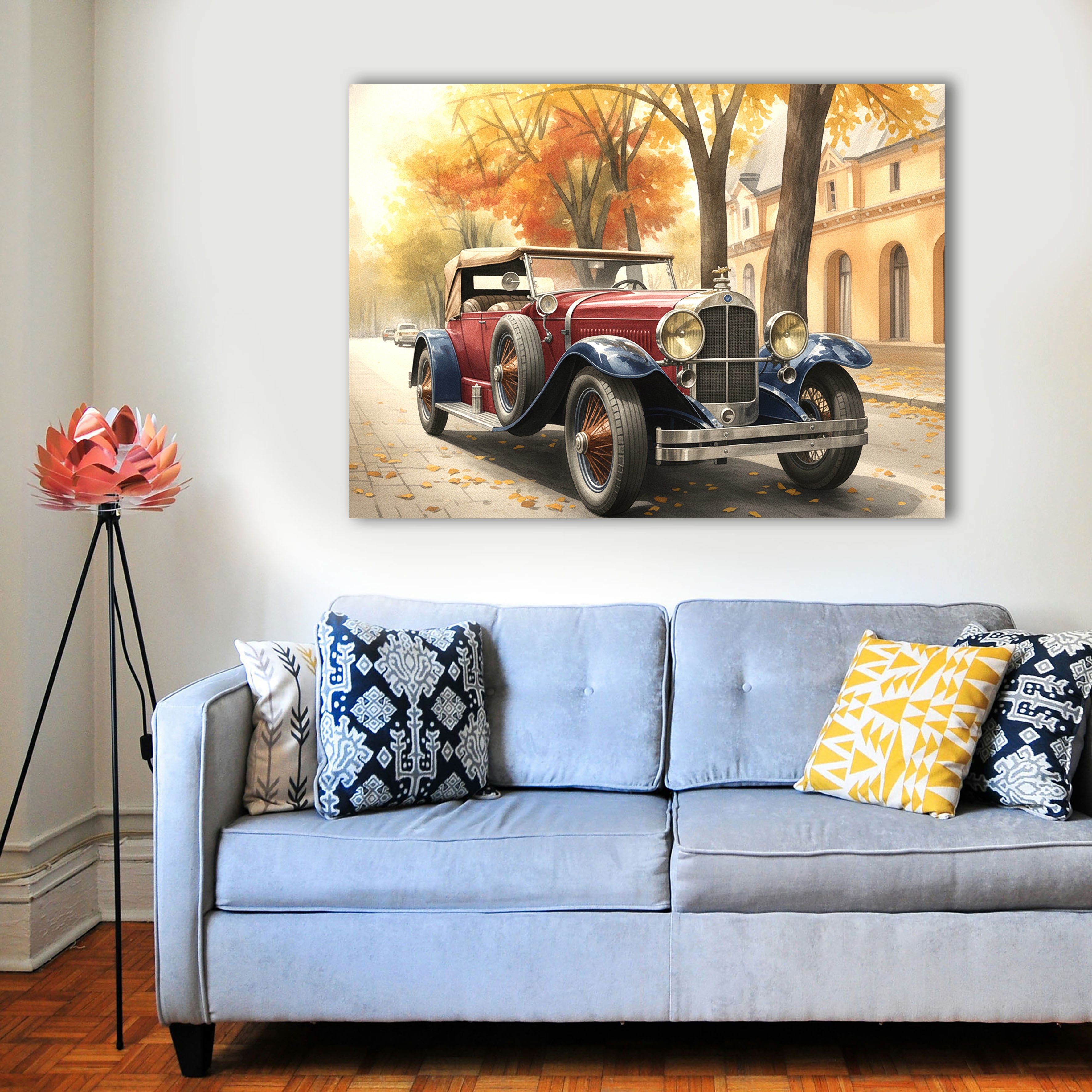 Wandbild Oldtimer Roter Cabriolet Zweifarbig Aquarell Herbstallee Kunstdruck auf Leinwand