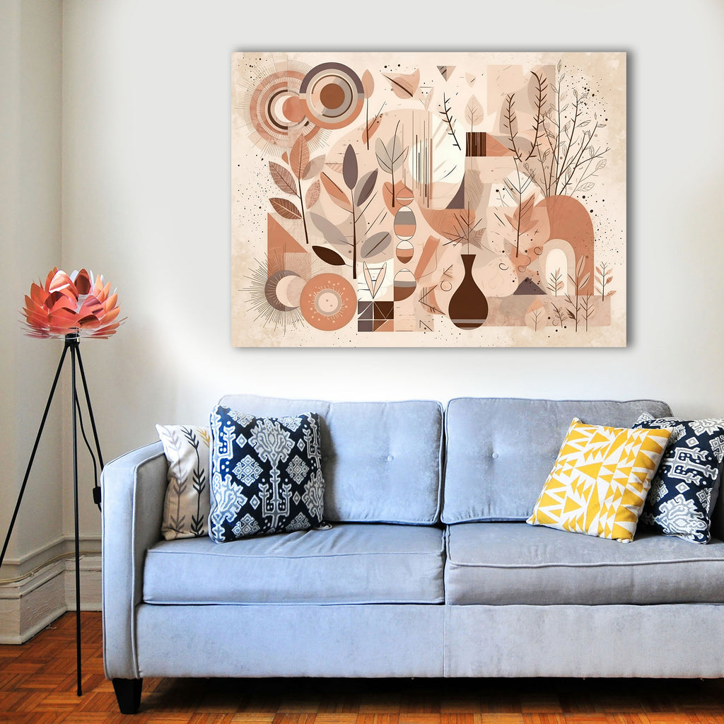 Wandbild Boho Art Abstrakt Collage Fuchs Vase Zweige Beige Rosa Illustrationsstil Kunstdruck auf Leinwand