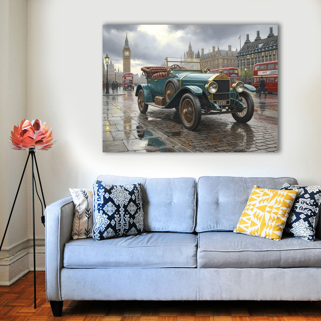 Wandbild Oldtimer Roter Cabriolet Art Déco Paris Eiffelturm Abendlicht Kunstdruck auf Leinwand