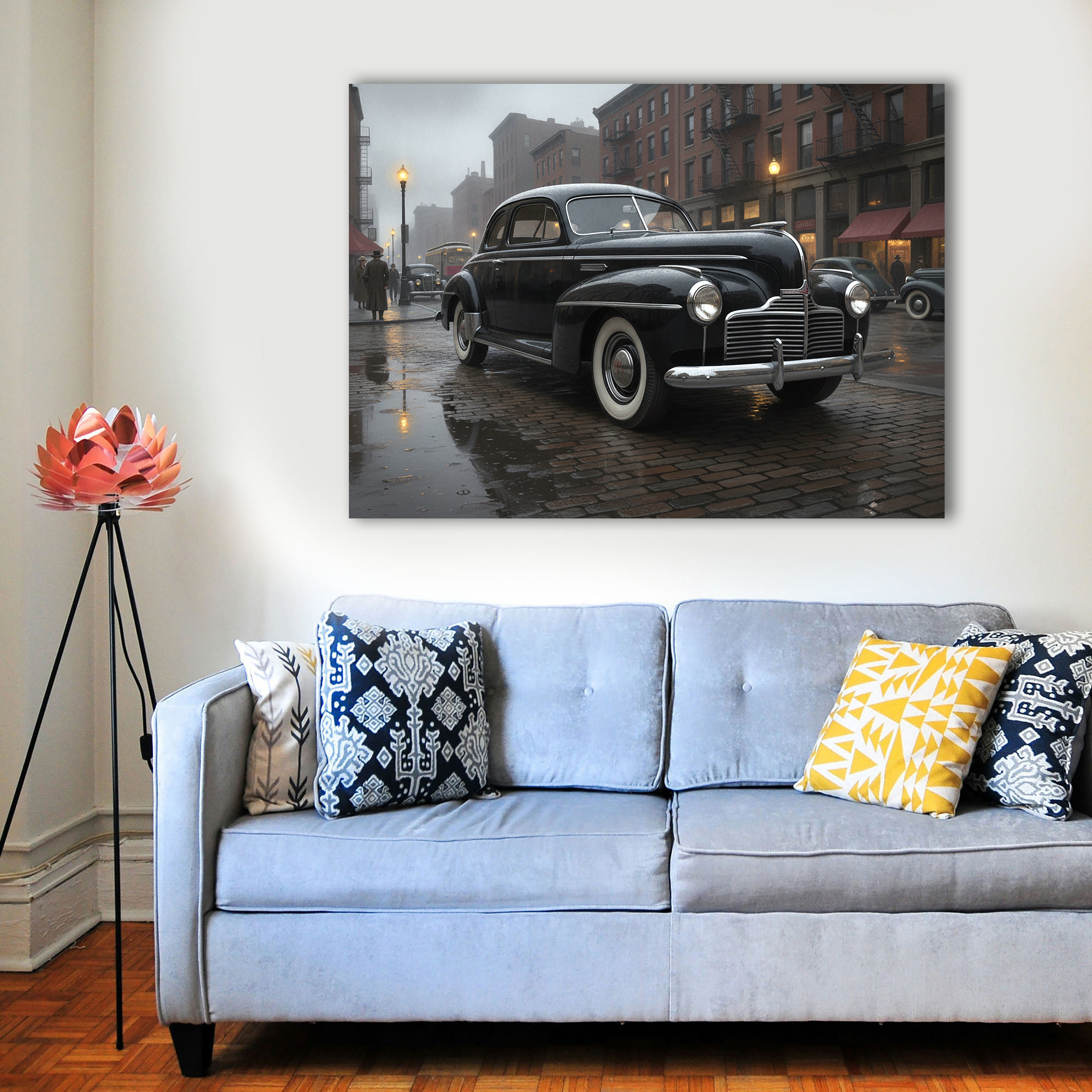 Wandbild Oldtimer Schwarzer Coupé Film Noir Regennacht New York Kopfsteinpflaster Kunstdruck auf Leinwand