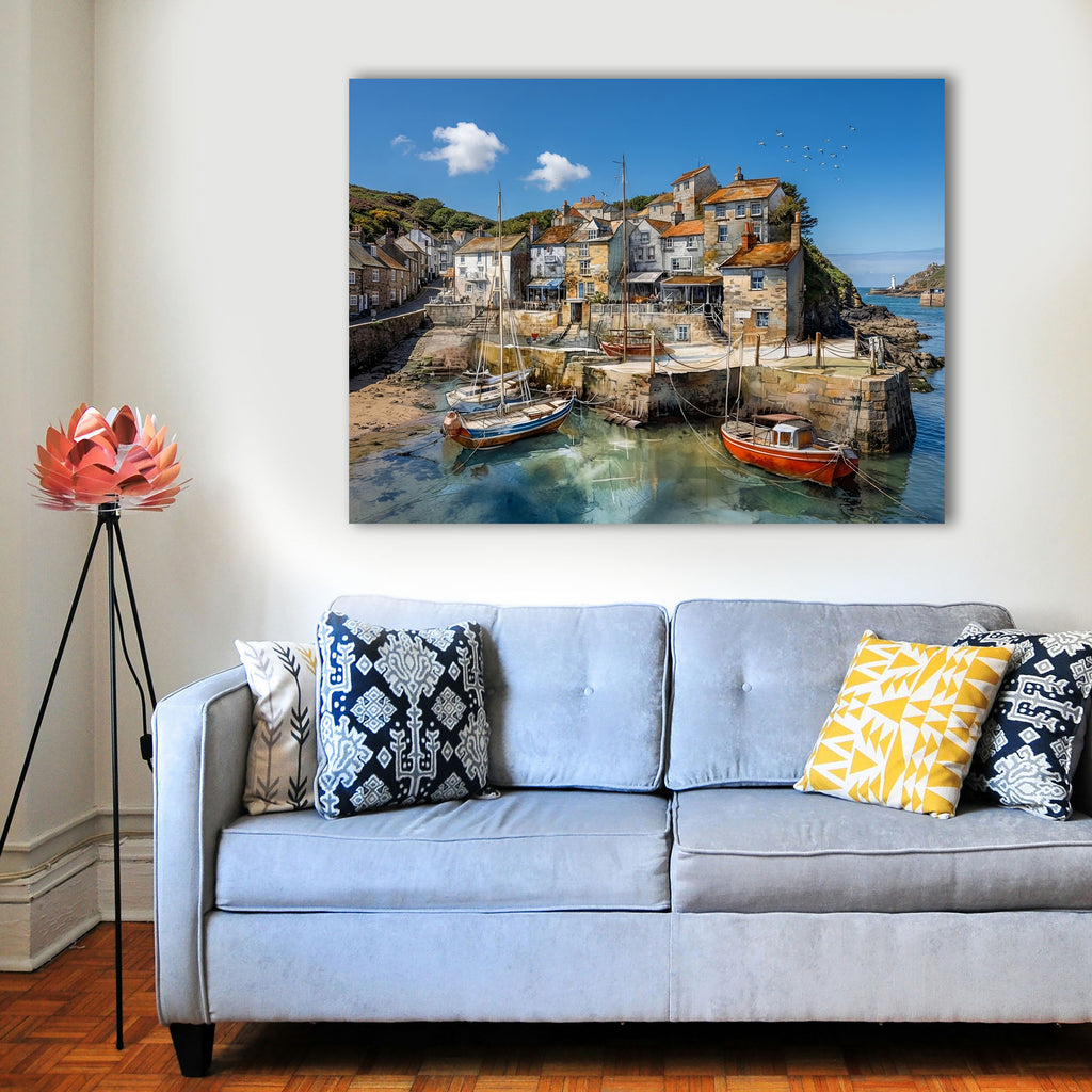 Wandbild Fischerboot Hafen Segelboot Felsvorsprung Leuchtturm Türkises Wasser Kunstdruck auf Leinwand