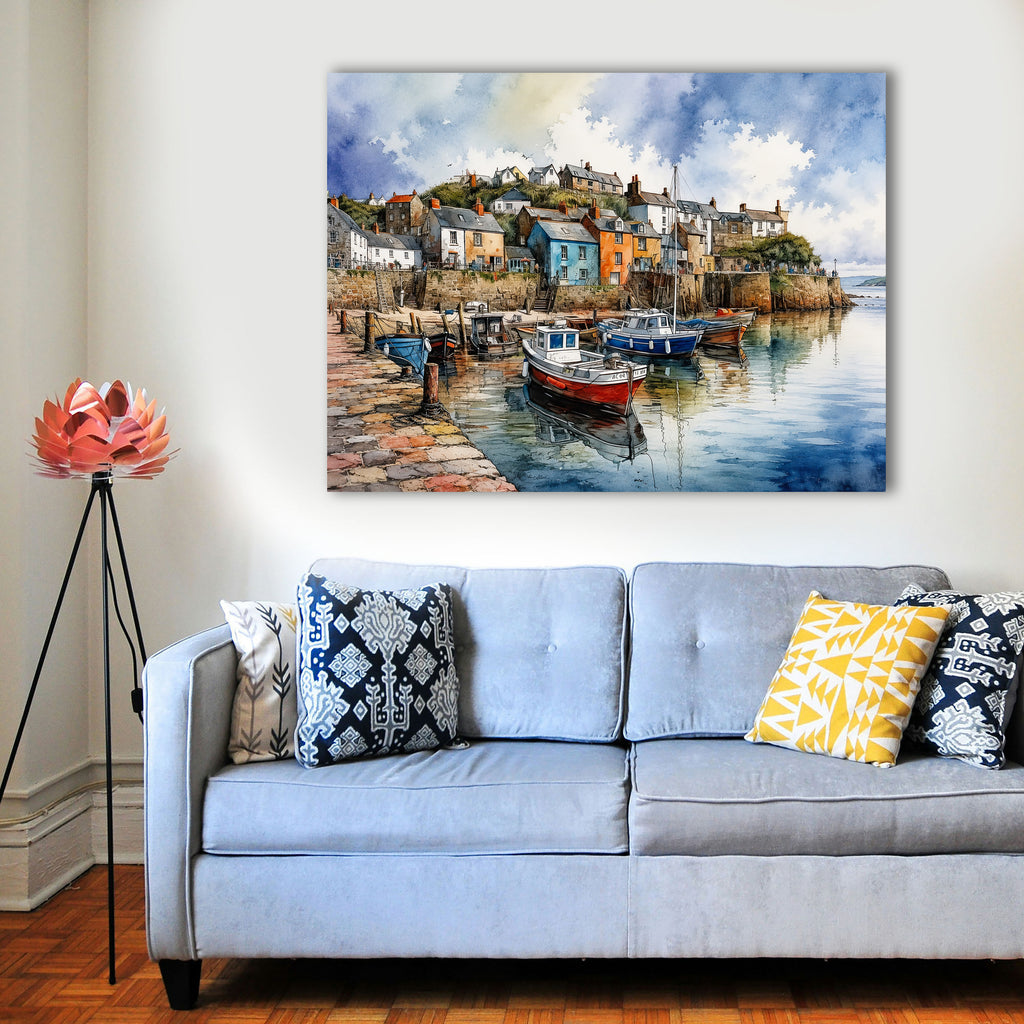 Wandbild Fischerboot Hafen Aquarell Bunte Häuser Kopfsteinpflaster Kunstdruck auf Leinwand