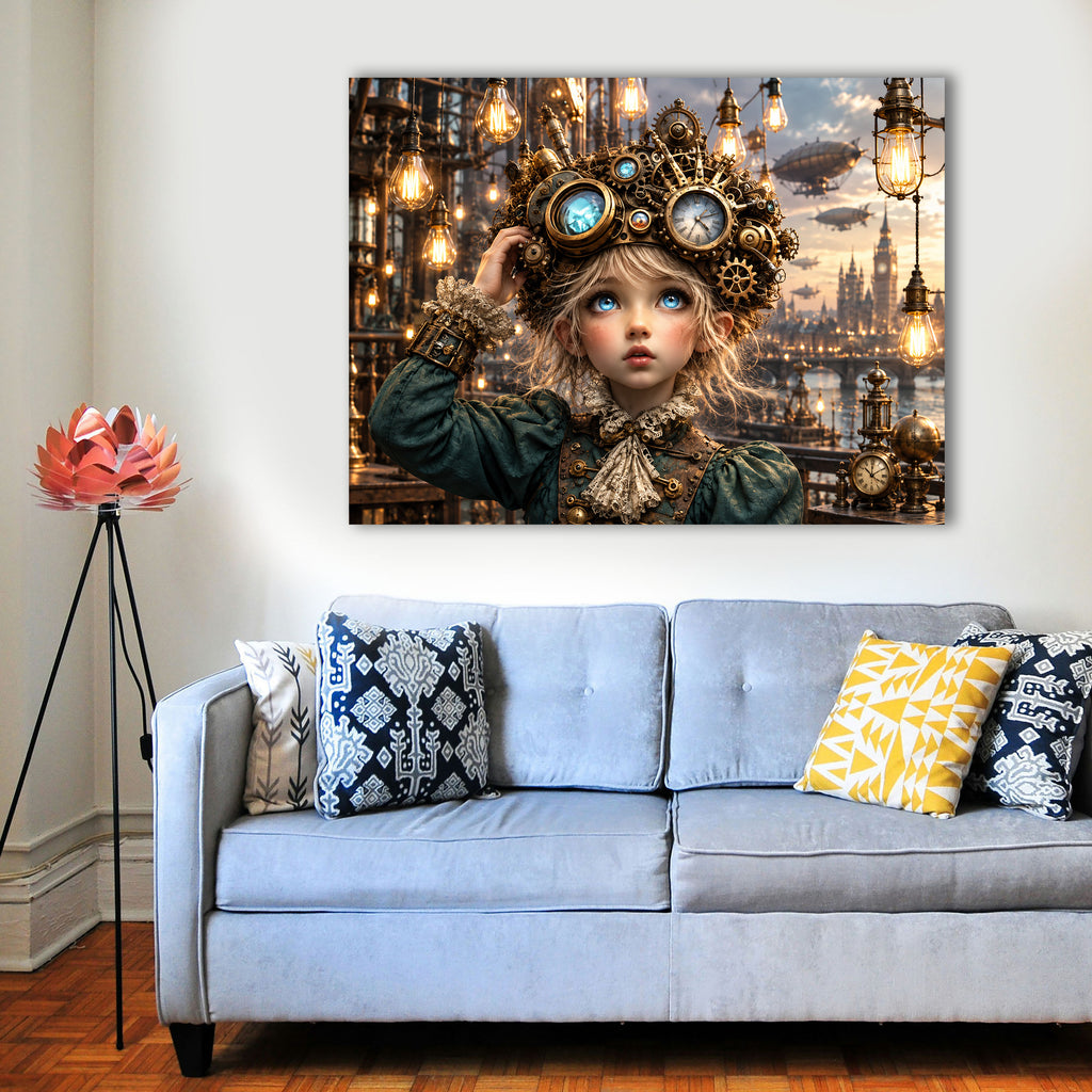Kleine Steampunk-Erfinderin – Fantasie Wandbild fürs Kinderzimmer